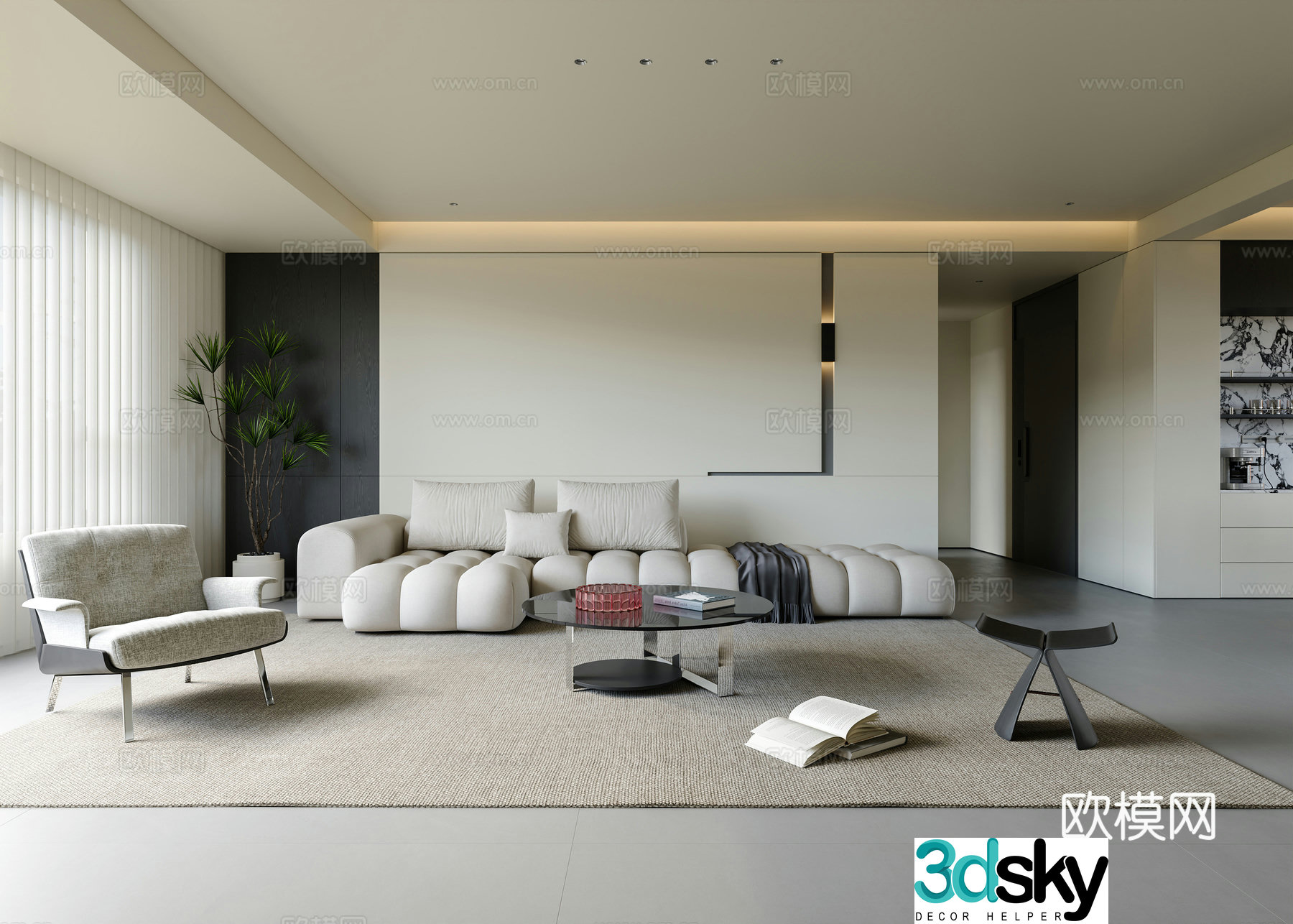 Modern minimalist living and dining room 3D model