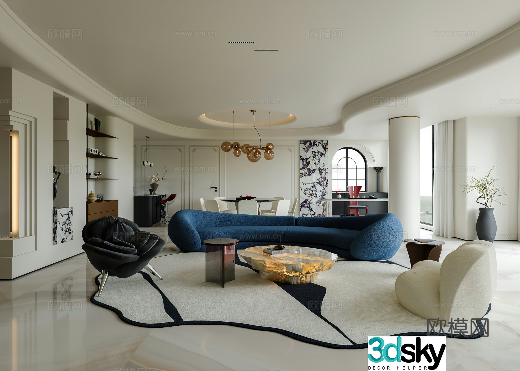 French living and dining room 3d model