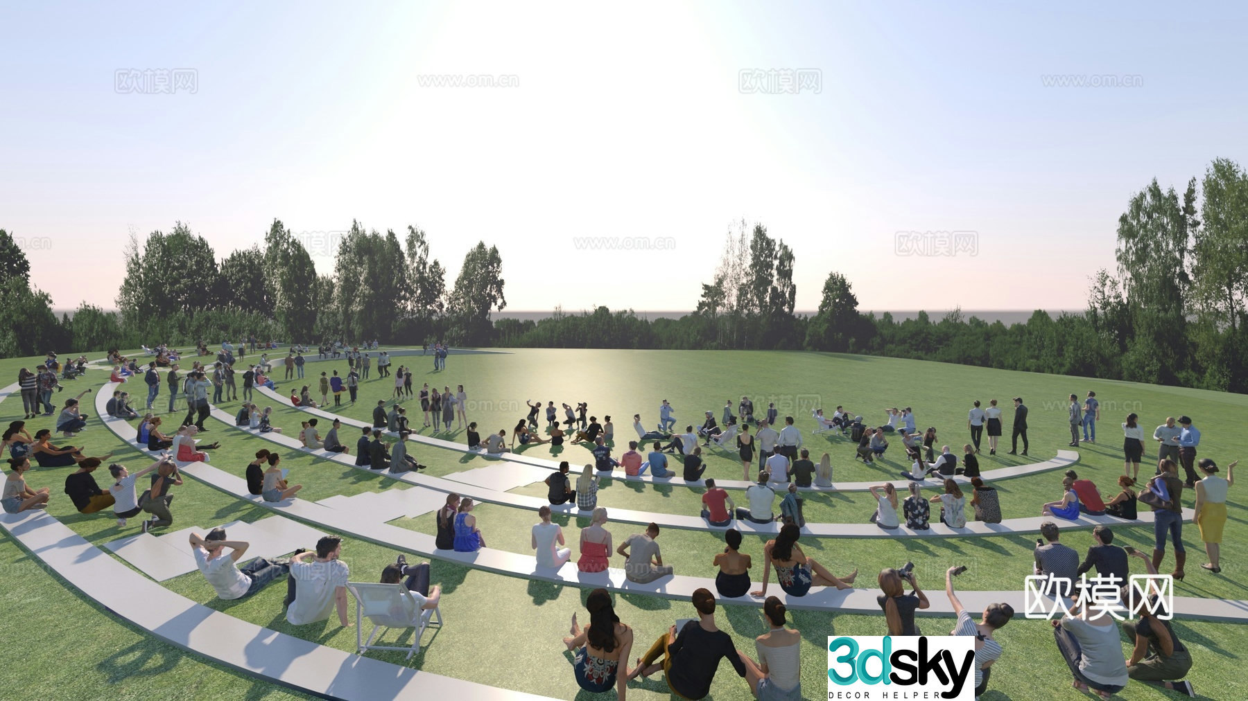 Big lawn park sitting people crowd crowd 3d model square