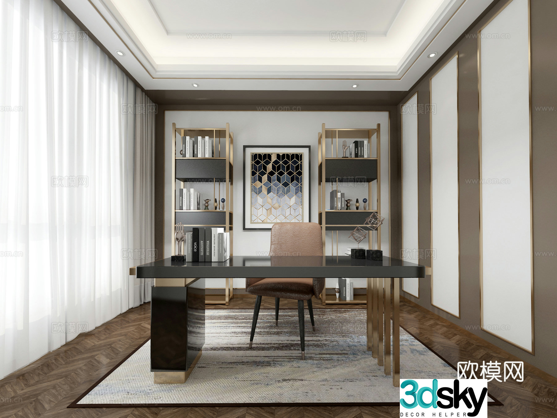 Modern light luxury study room 3D model