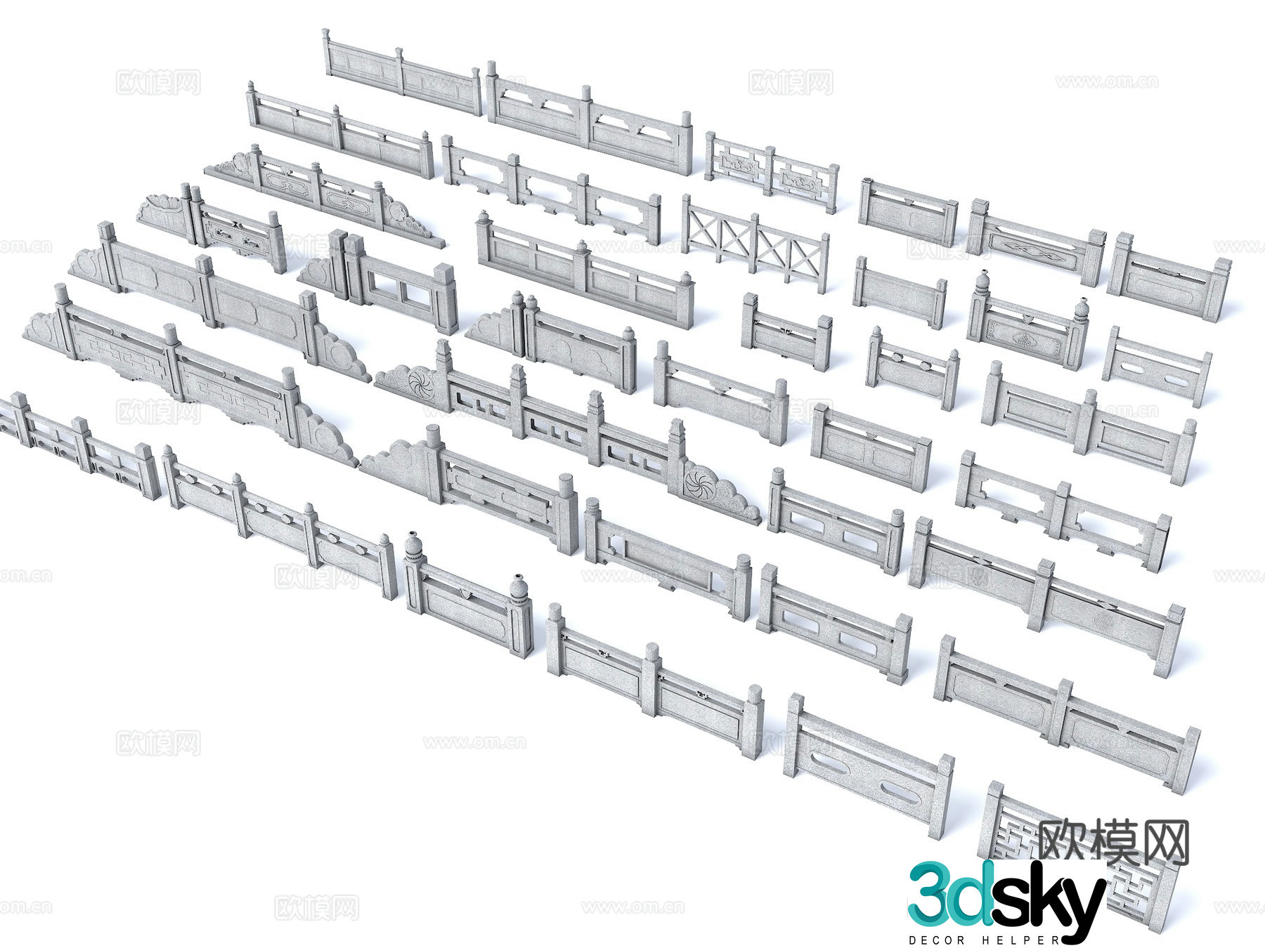 Chinese-style stone railings Bridge railings River railings Stone guardrails Outdoor railings 3D model