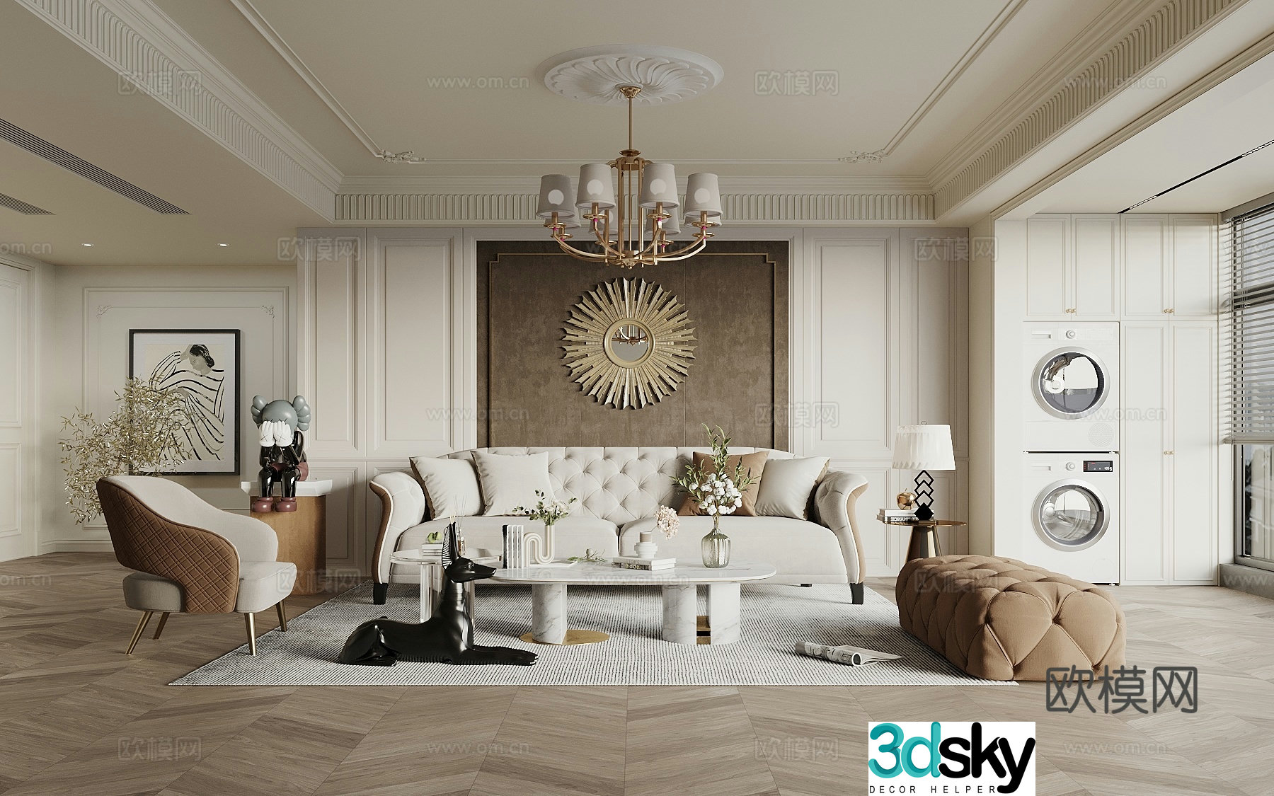 French simple European living room sofa background wall sofa coffee table combination leisure chair coffee table artwork 3d model