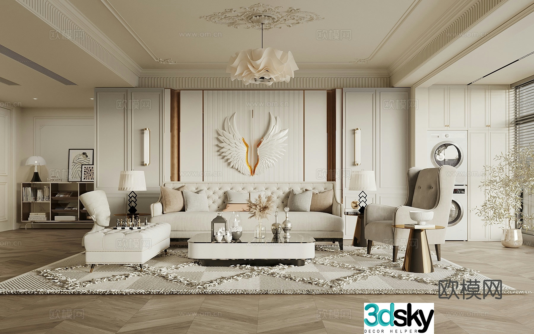 French simple European living room sofa background wall sofa coffee table combination leisure chair coffee table artwork 3d model