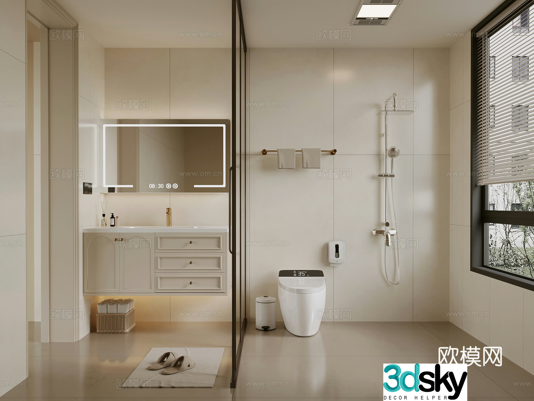 French cream style bathroom bathroom cabinet toilet shower 3d model