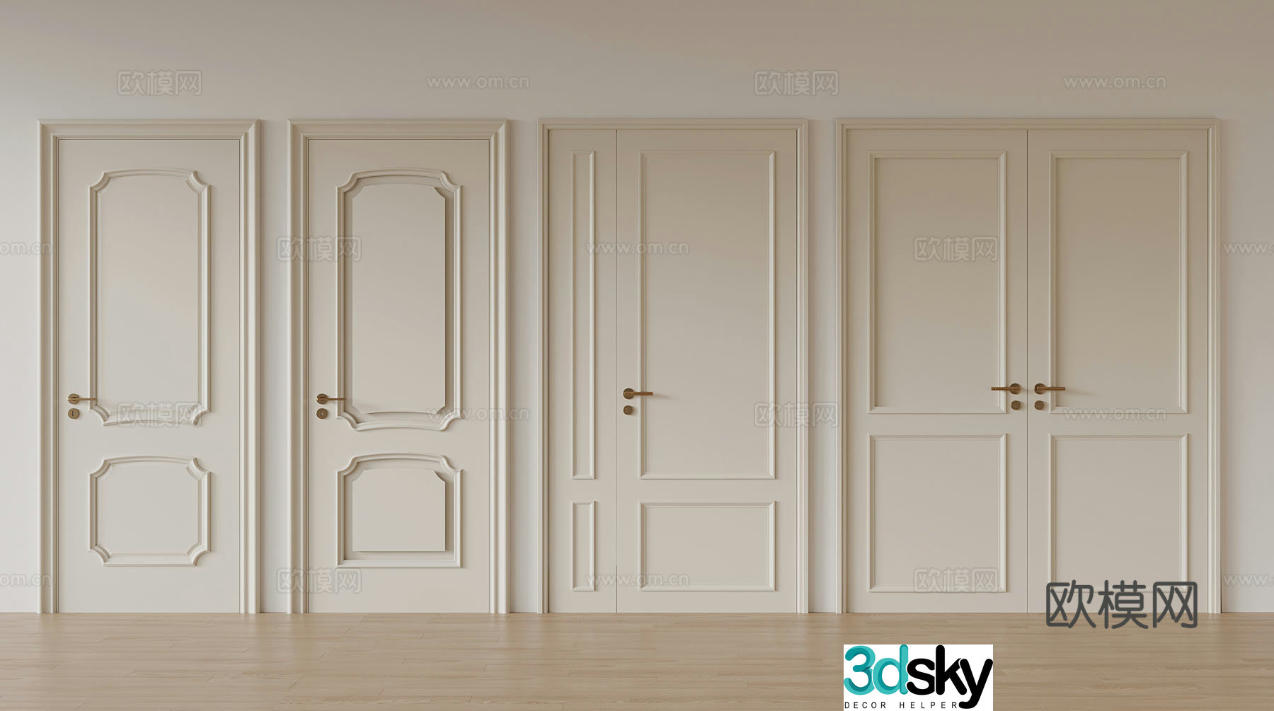French cream single door mother and child door double door 3D model