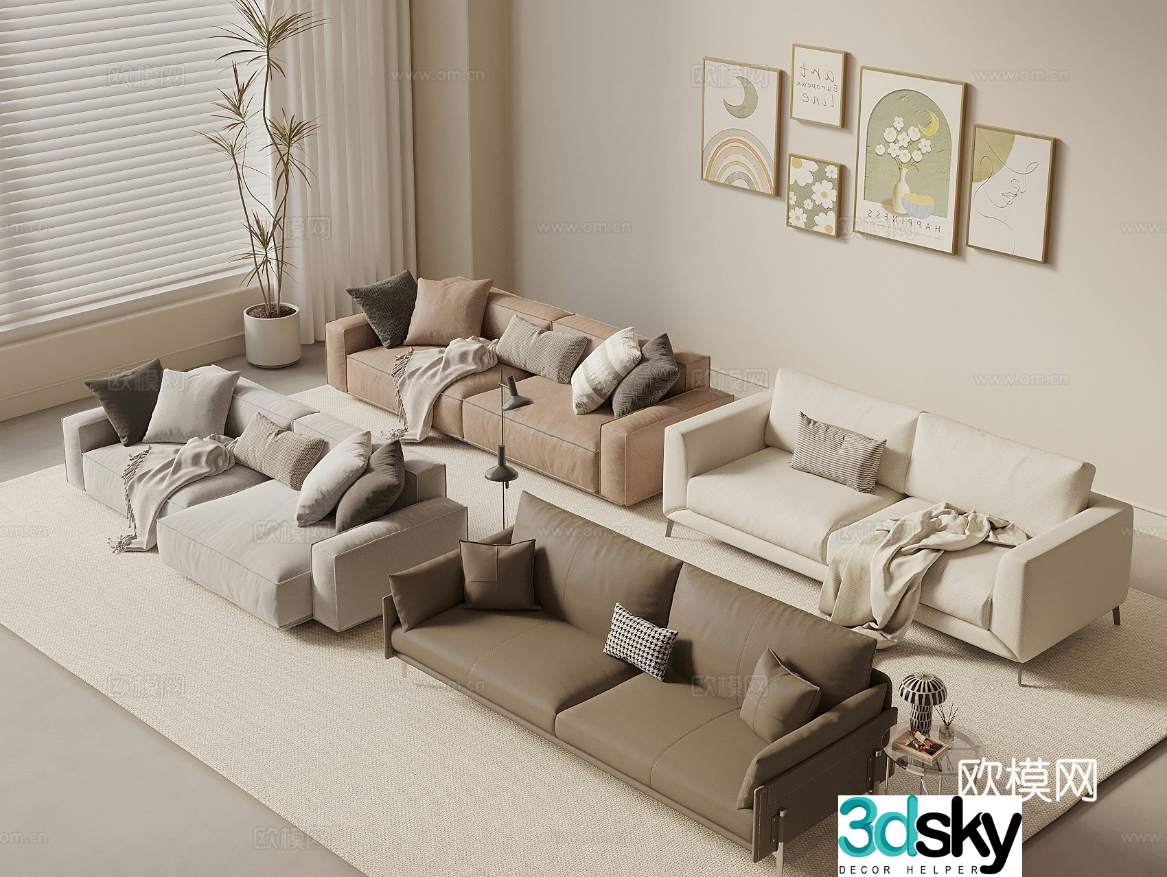Modern retro double sofa leather sofa casual sofa pillow sweeping robot 3d model
