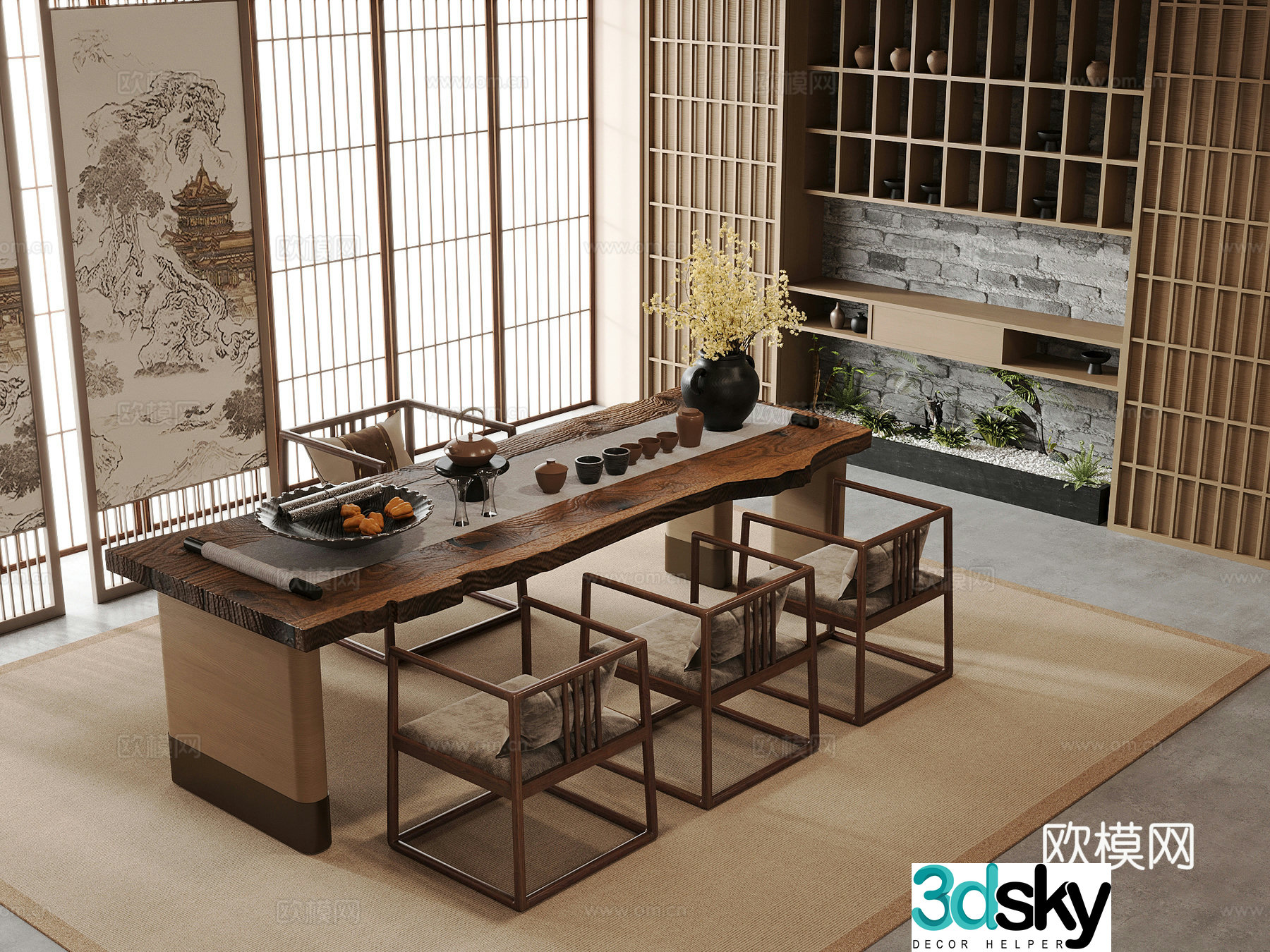 New Chinese Zen Tea Room Tea Table and Chair Combination Tea Cabinet Screen 3D Model