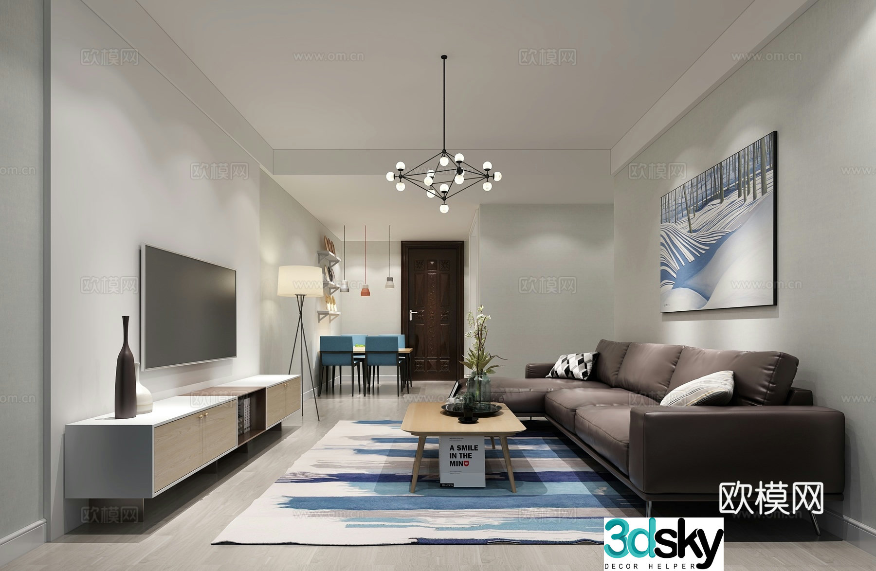 Modern home living room chandeliers dining table murals bedside table floor lamp coffee table commercial law 3D model