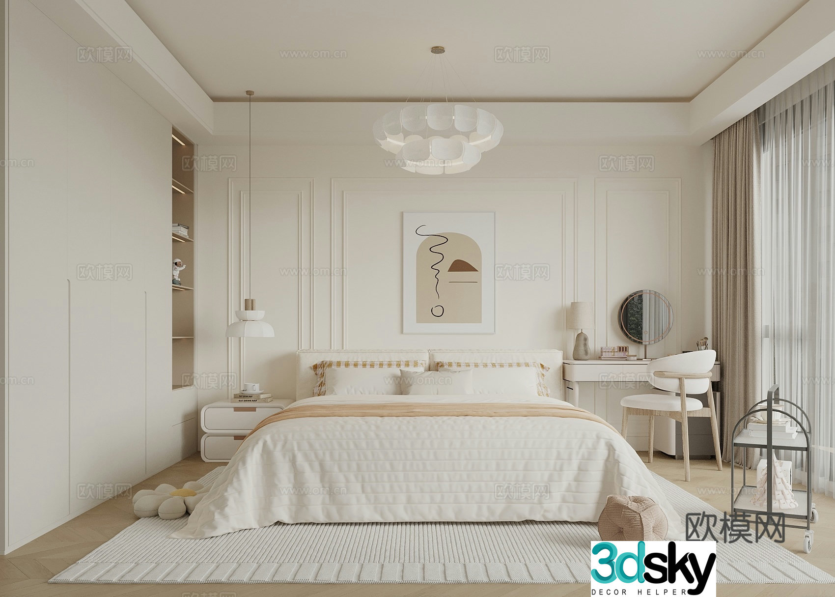 Modern creamy bedroom bay windowsill bedroom dressing table double bed nightstand 3d model