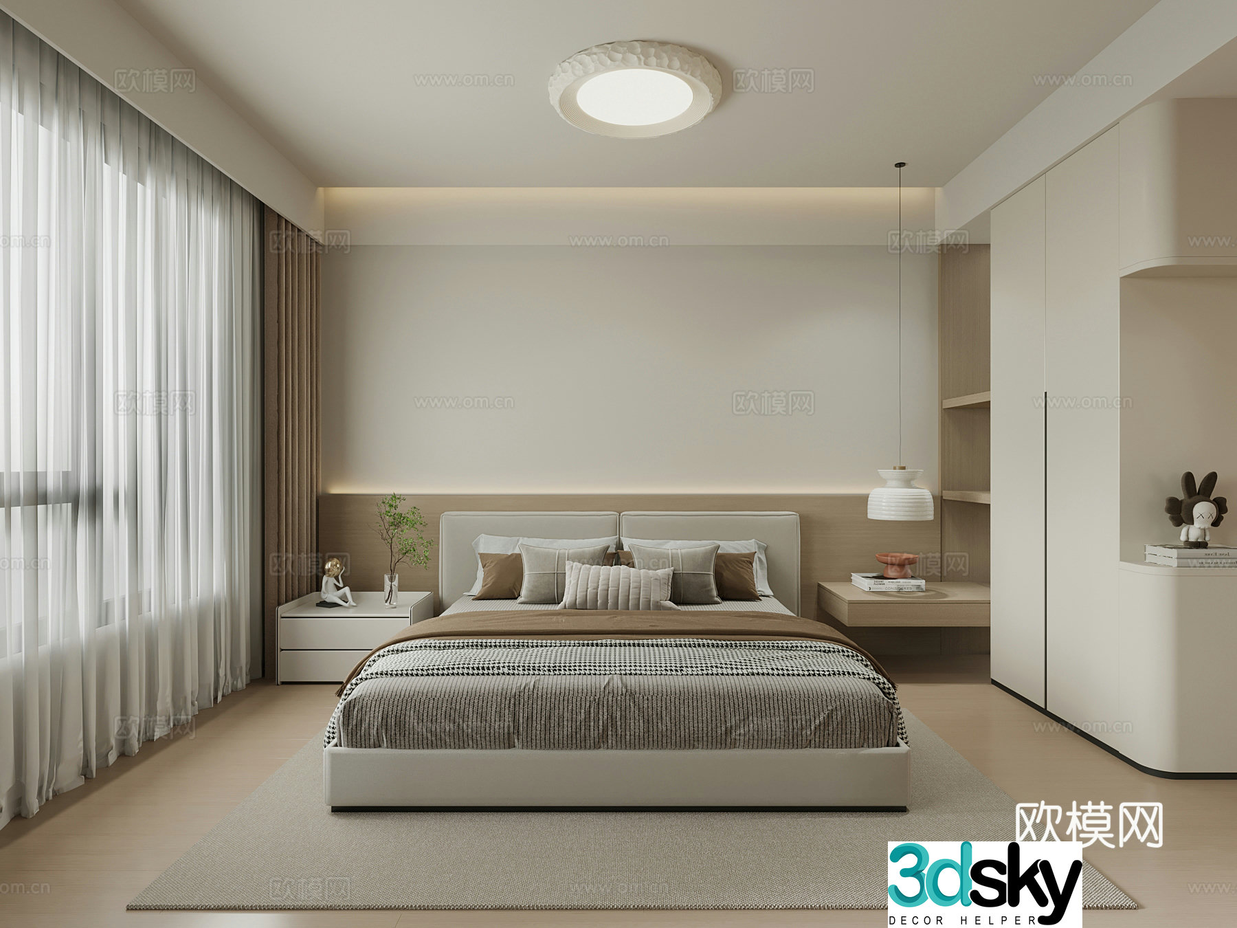 Modern home bedroom double bed wardrobe 3d model