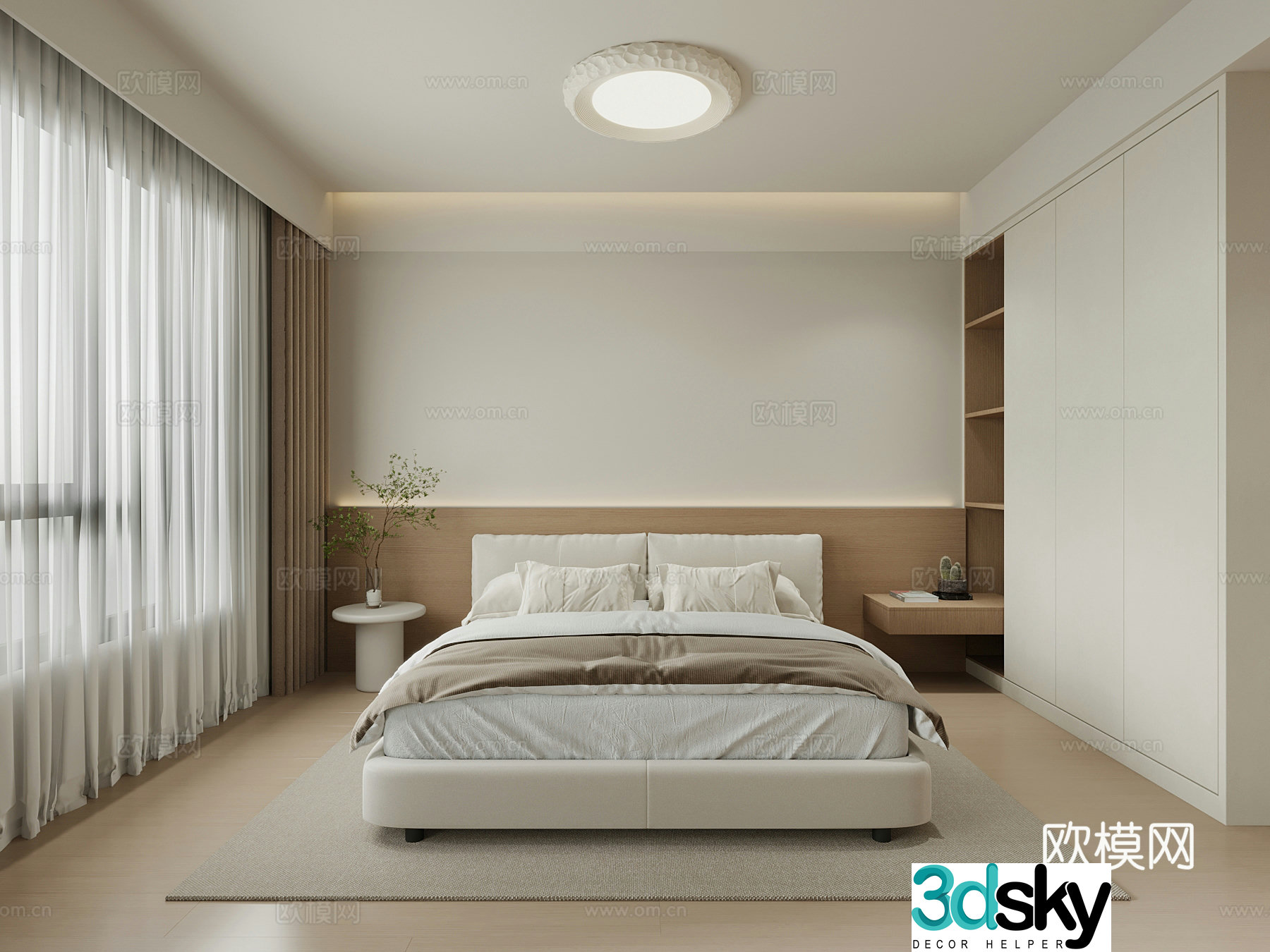 Modern home bedroom double bed wardrobe 3d model