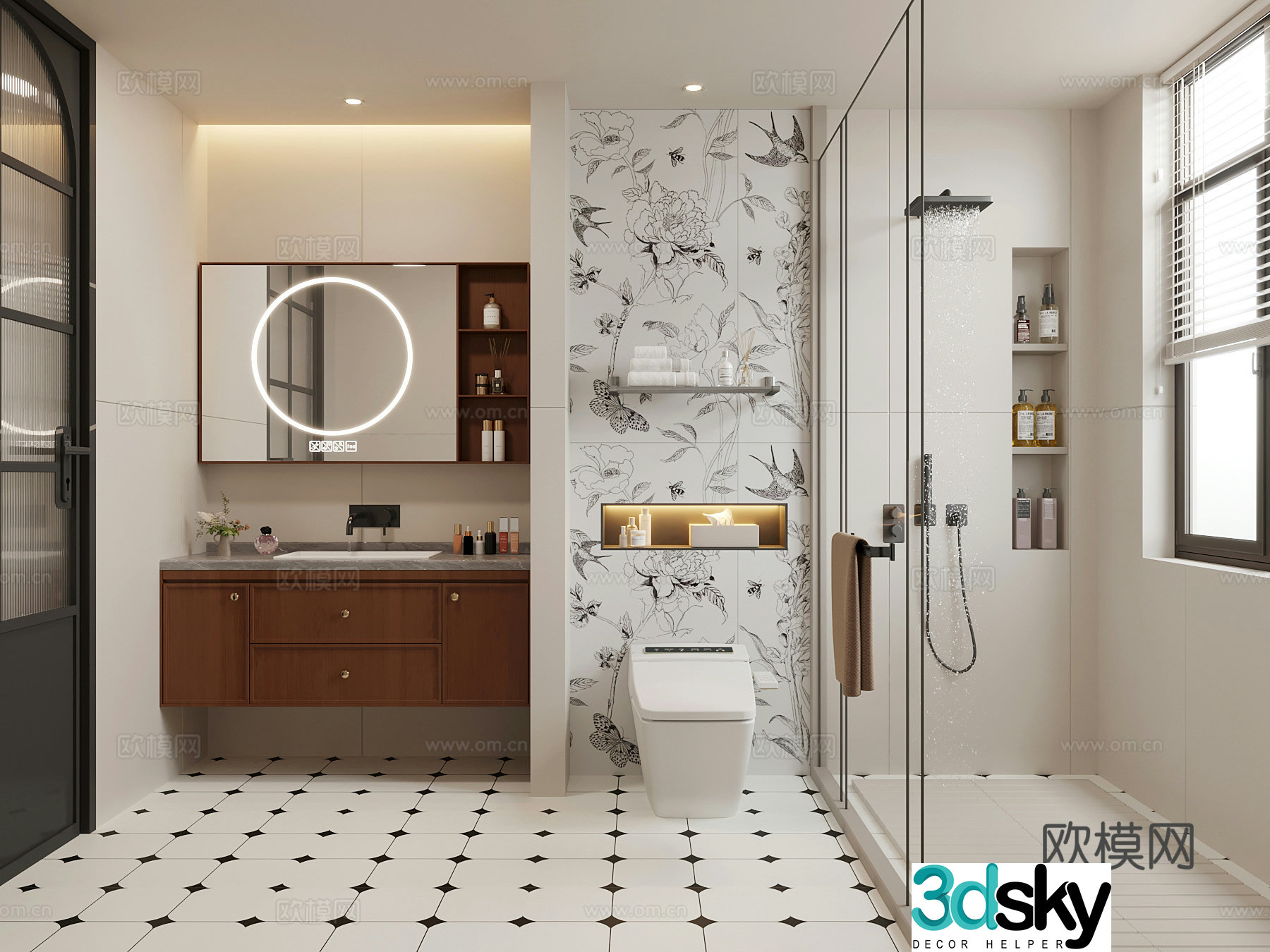 Middle-aged bathroom bathroom cabinet toilet shower 3D model