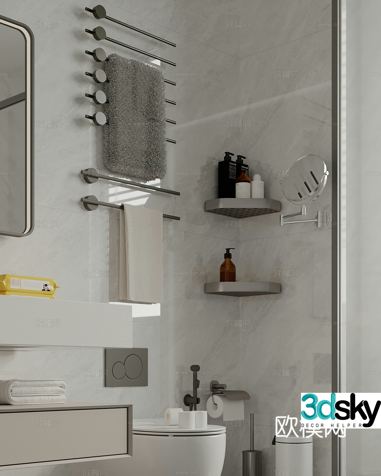 Bathroom supplies combination Towel rack Toilet rack Toilet Folding makeup mirror Bathroom 3D model