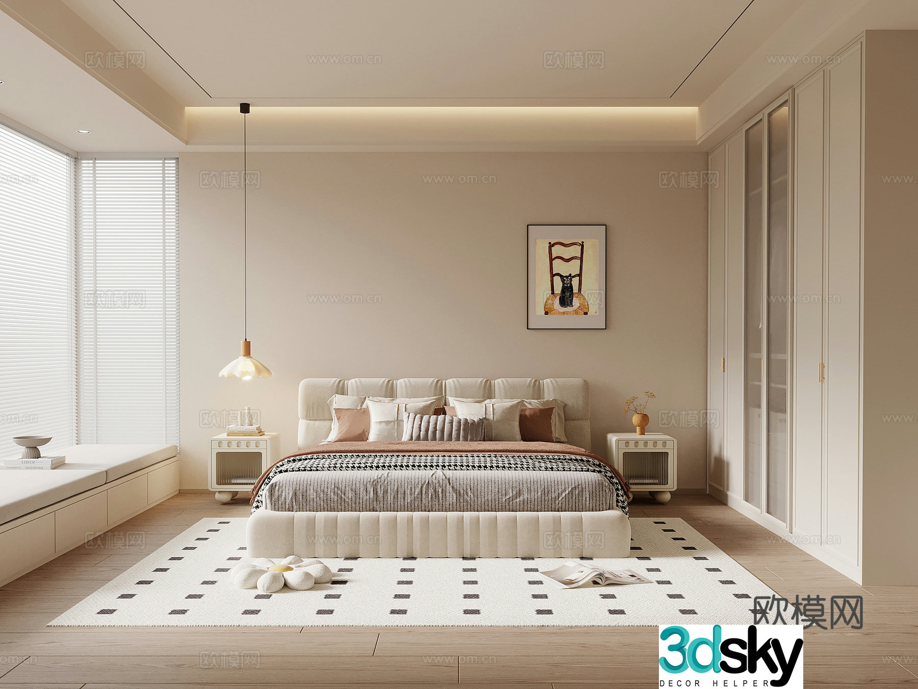 Modern cream style bedroom fabric double bed nightstand chandeliers decorative painting 3d model