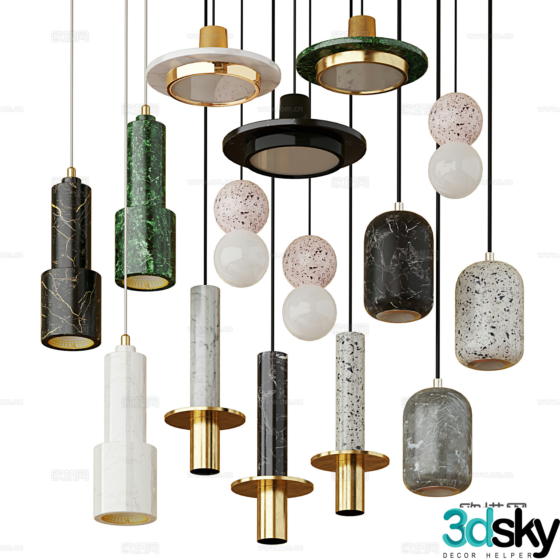New Chinese marble decorative hanging line lamp 3D model