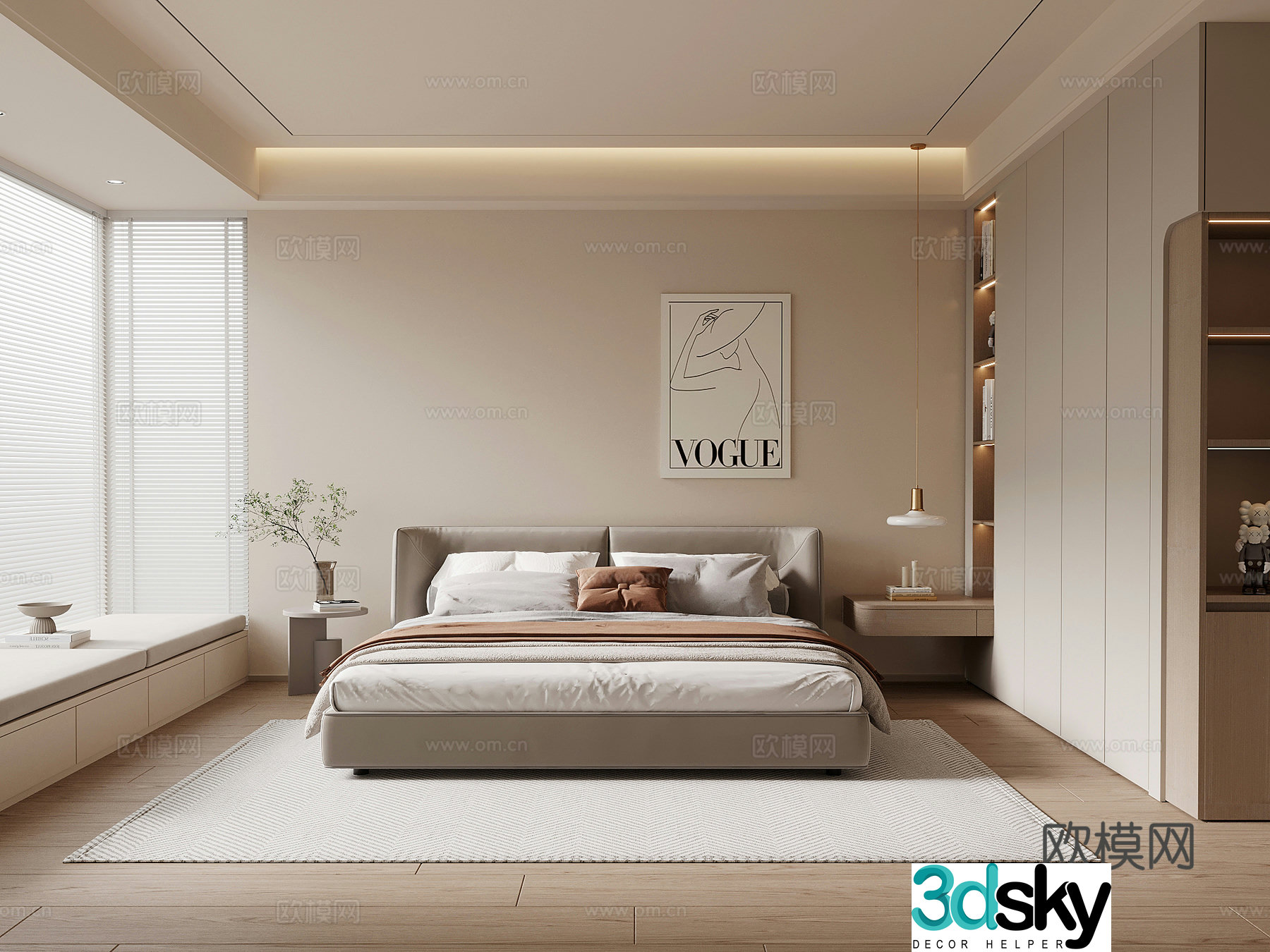 Modern simple bedroom wardrobe fabric double bed bedside table 3D model