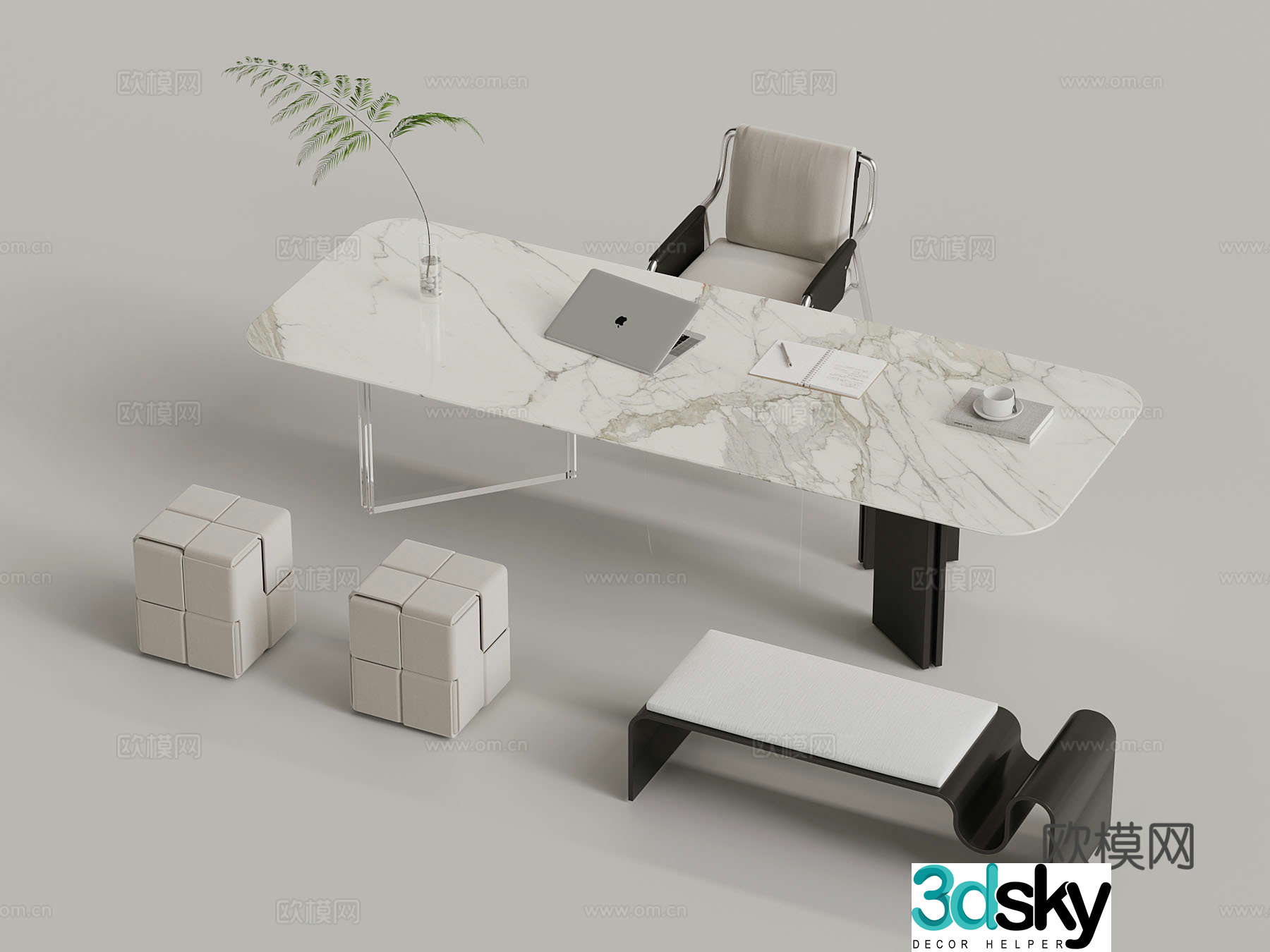 Desk and chairs Modern desk and chair Decorative ornaments 3D model
