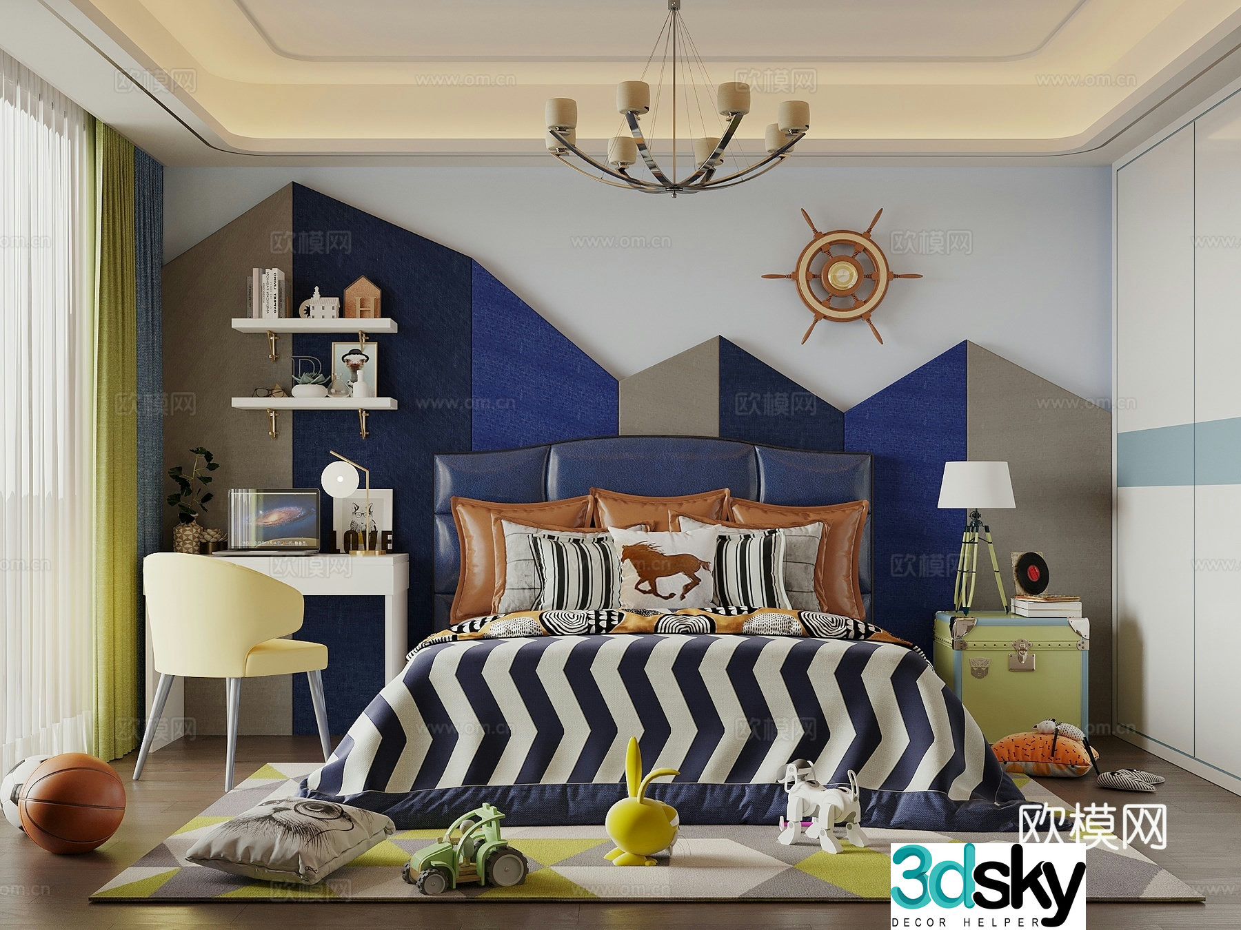 Modern simple children’s room boy’s room blue children’s room children’s bed bedside background wall 3D model