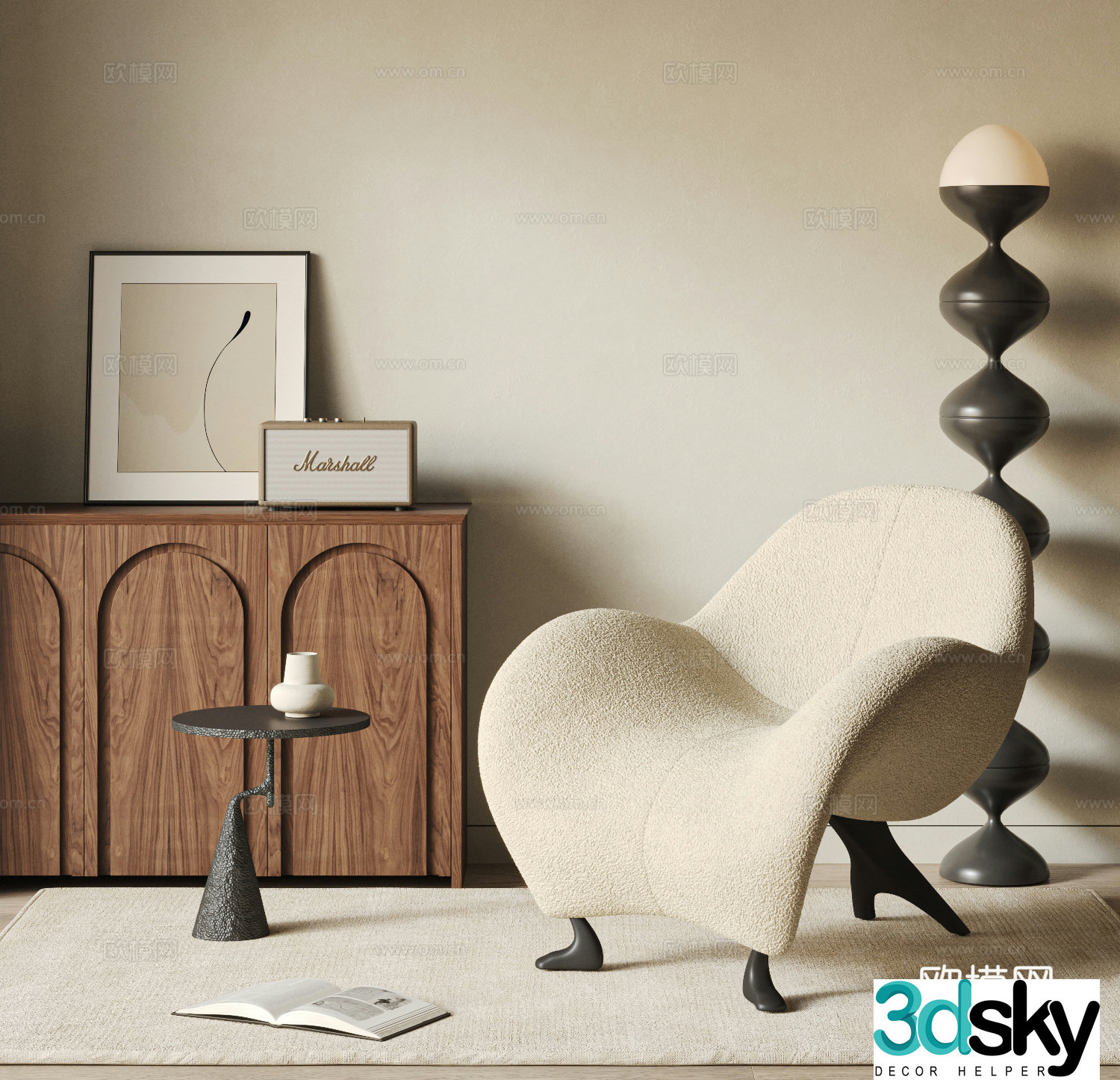 Medium style lamb velvet leisure chair 3d model