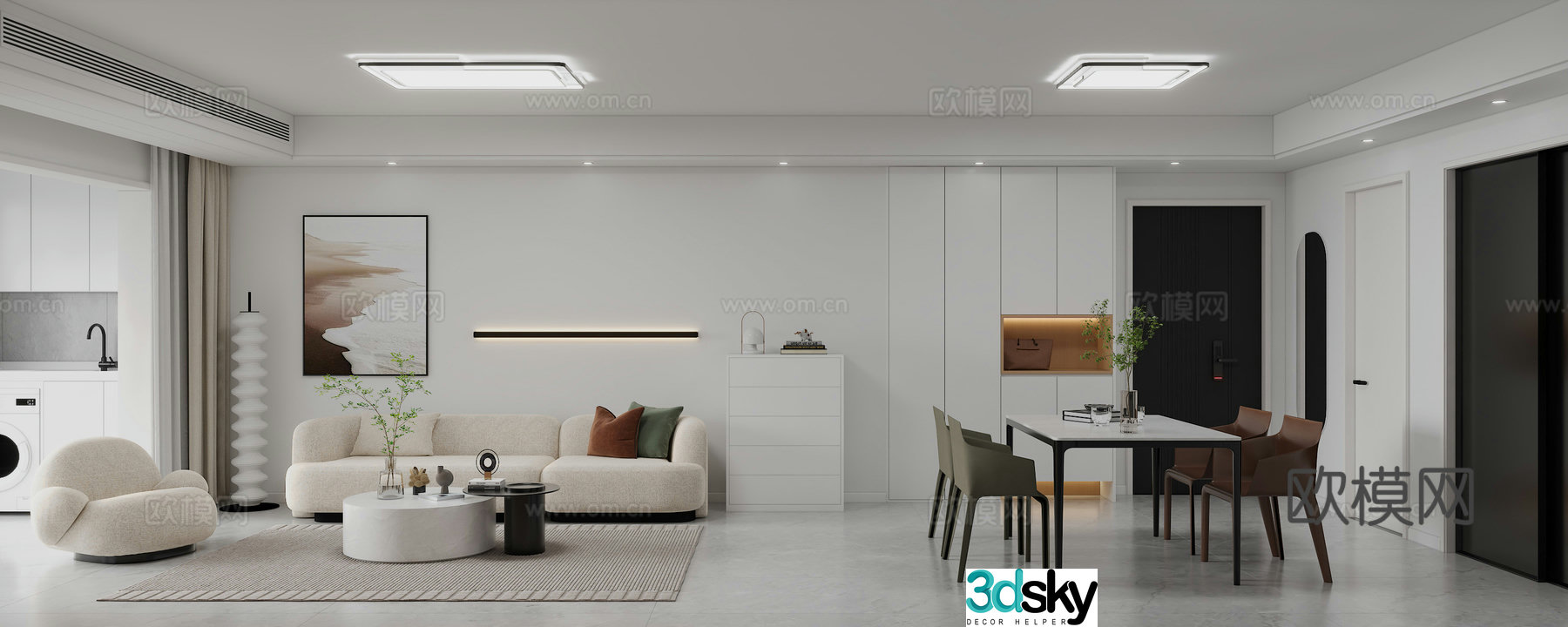 Modern minimalist living and dining room 3D model