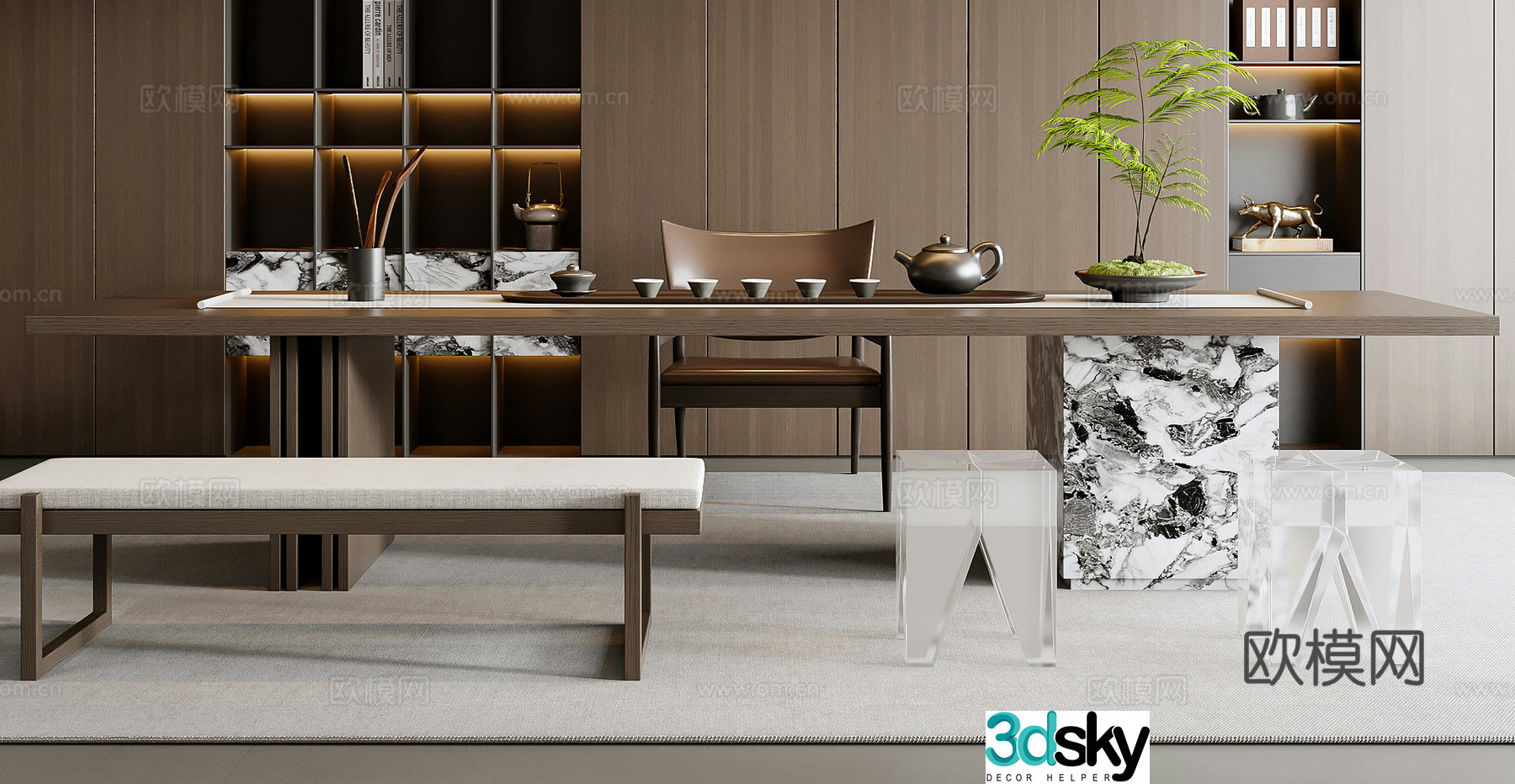 Italian tea table and chair combination 3D model