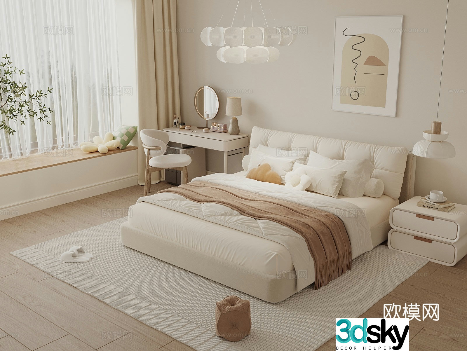 Modern creamy bedroom bay window sill bedroom dressing table double bed bedside table bay window mat 3D model