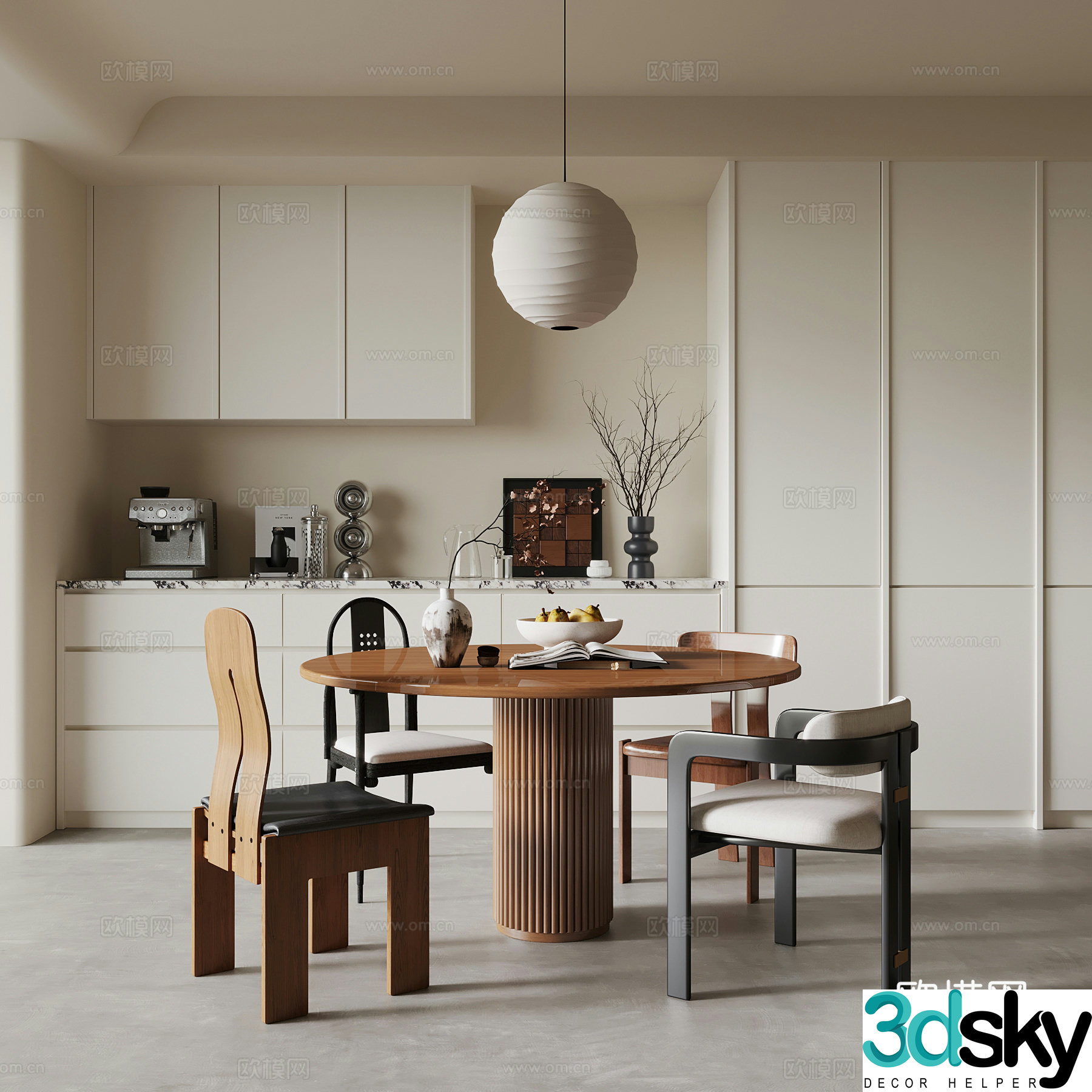 Middle style restaurant dining table chair wine cabinet 3d model