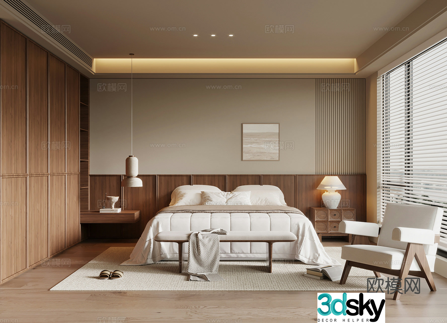 Middle style bedroom double bed wardrobe leisure chair 3d model