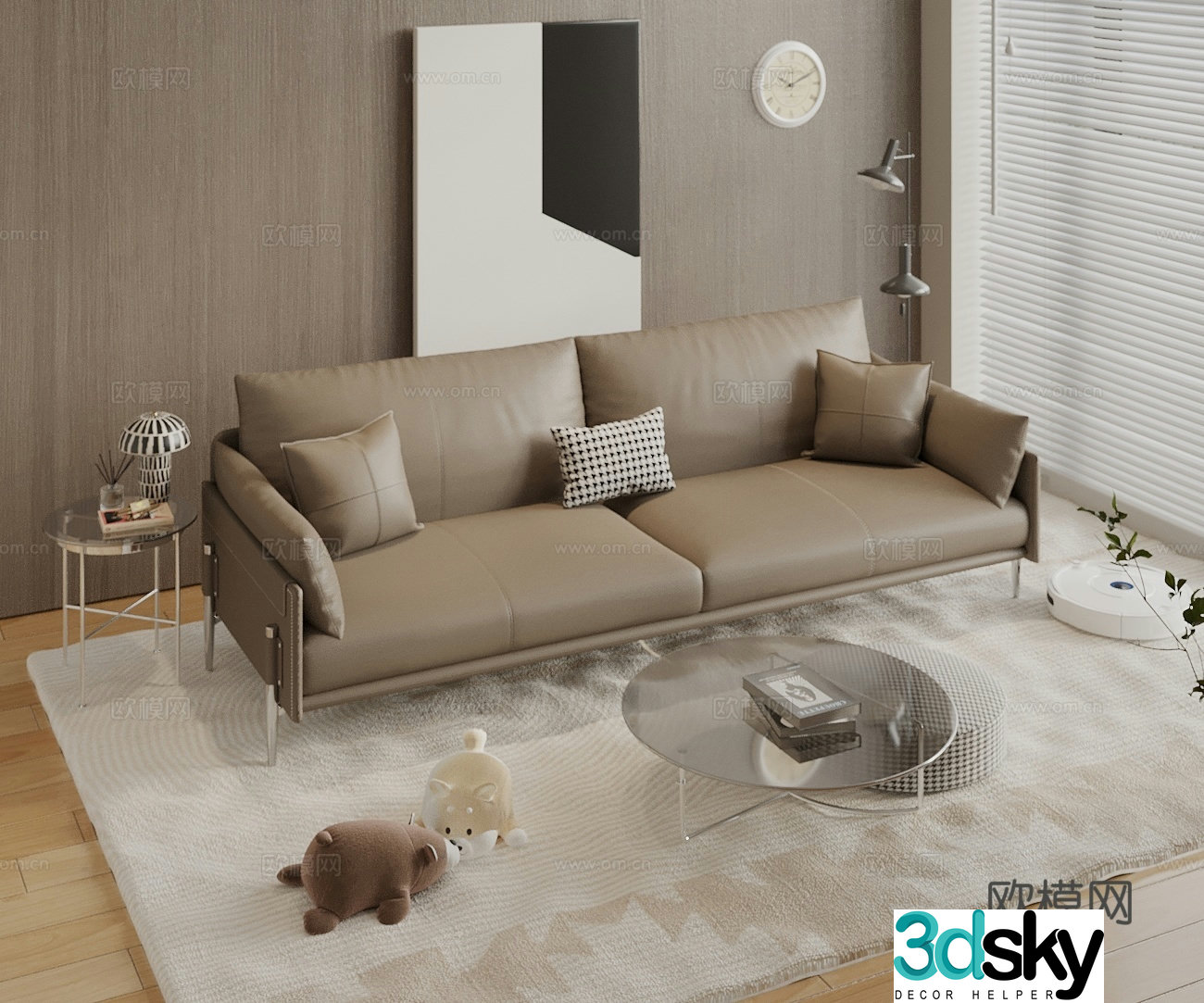 Modern retro double sofa leather sofa casual sofa pillow sweeping robot 3d model