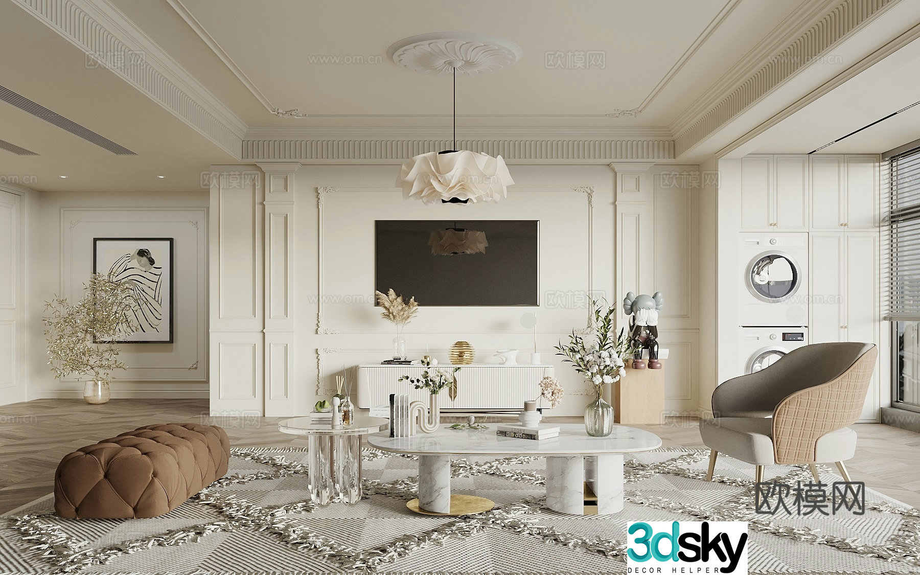 French simple European living room TV background wall leisure chair coffee table art ornament balcony cabinet 3d model