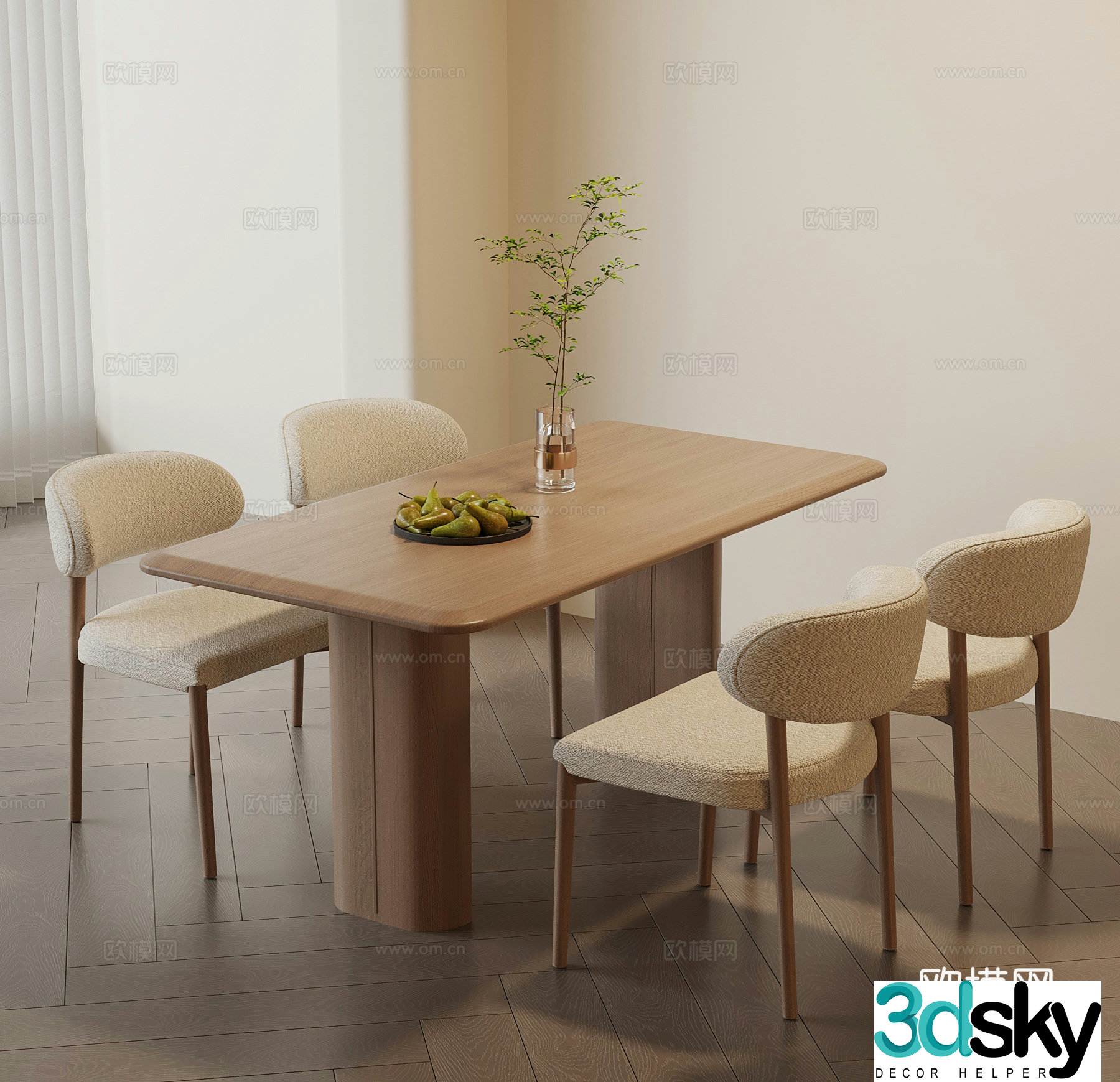 Modern cream style dining table and chair 3d model