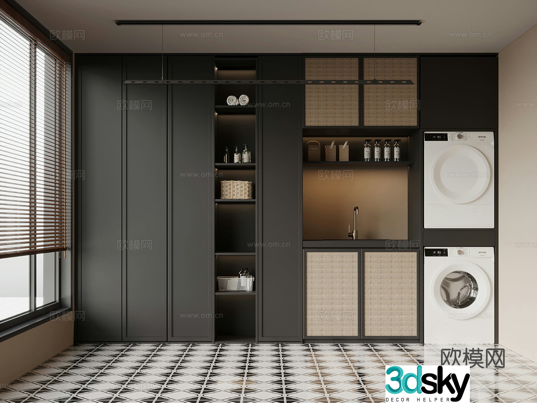 Middle style laundry room washing cabinet washing machine 3d model