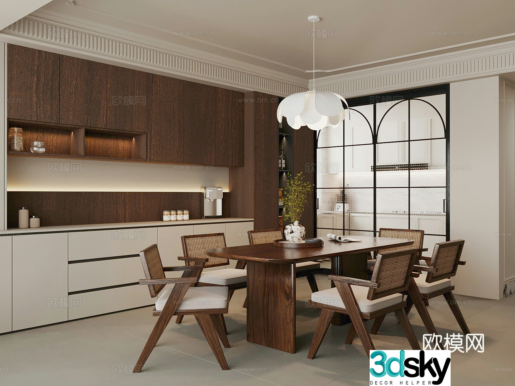Middle-aged restaurant dining table and chairs wine cabinet 3d model