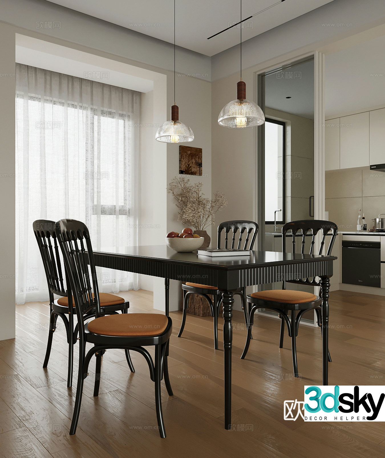 Home restaurant French retro dining table and chairs Restaurant 3D model