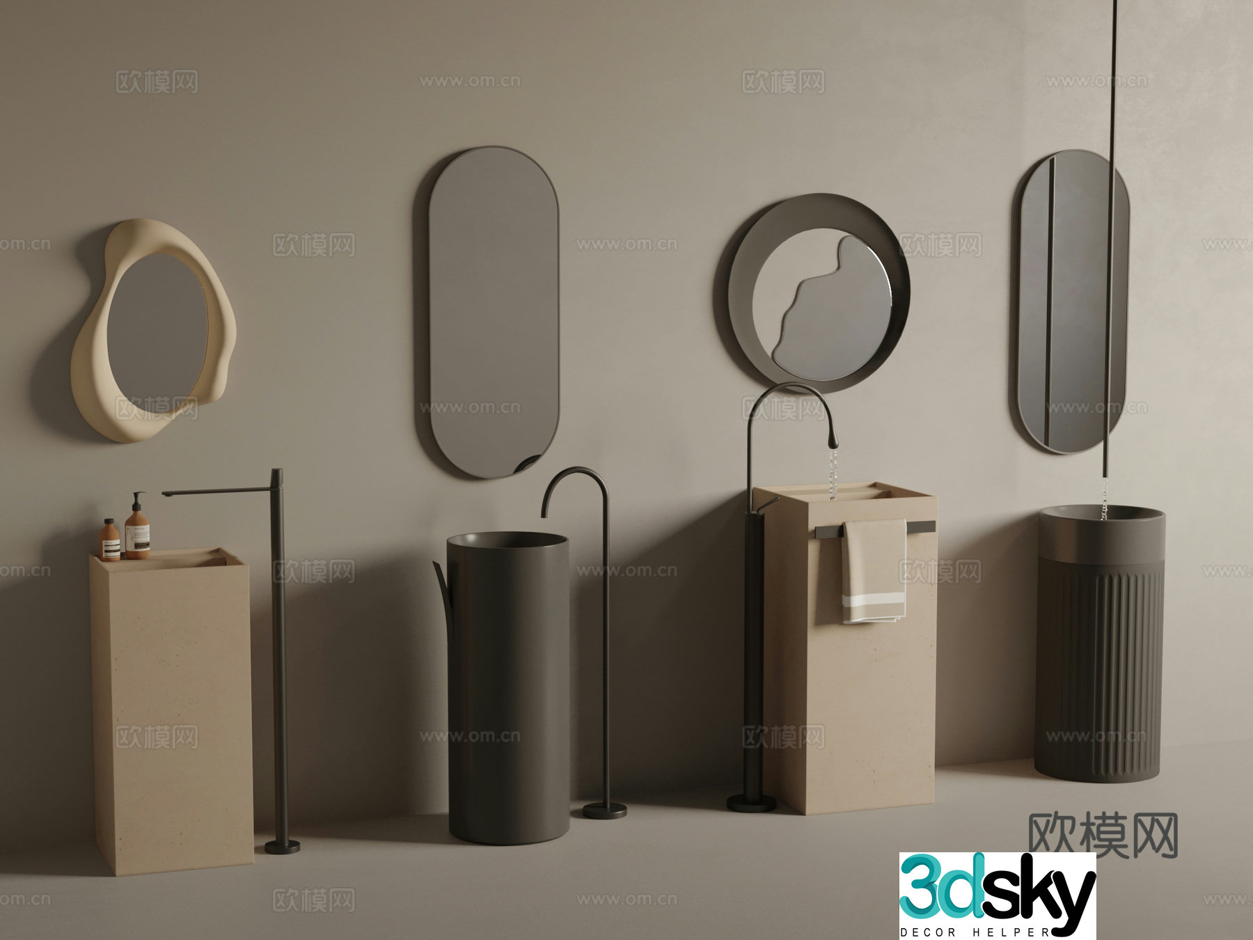 Modern wash basin column basin mirror 3d model