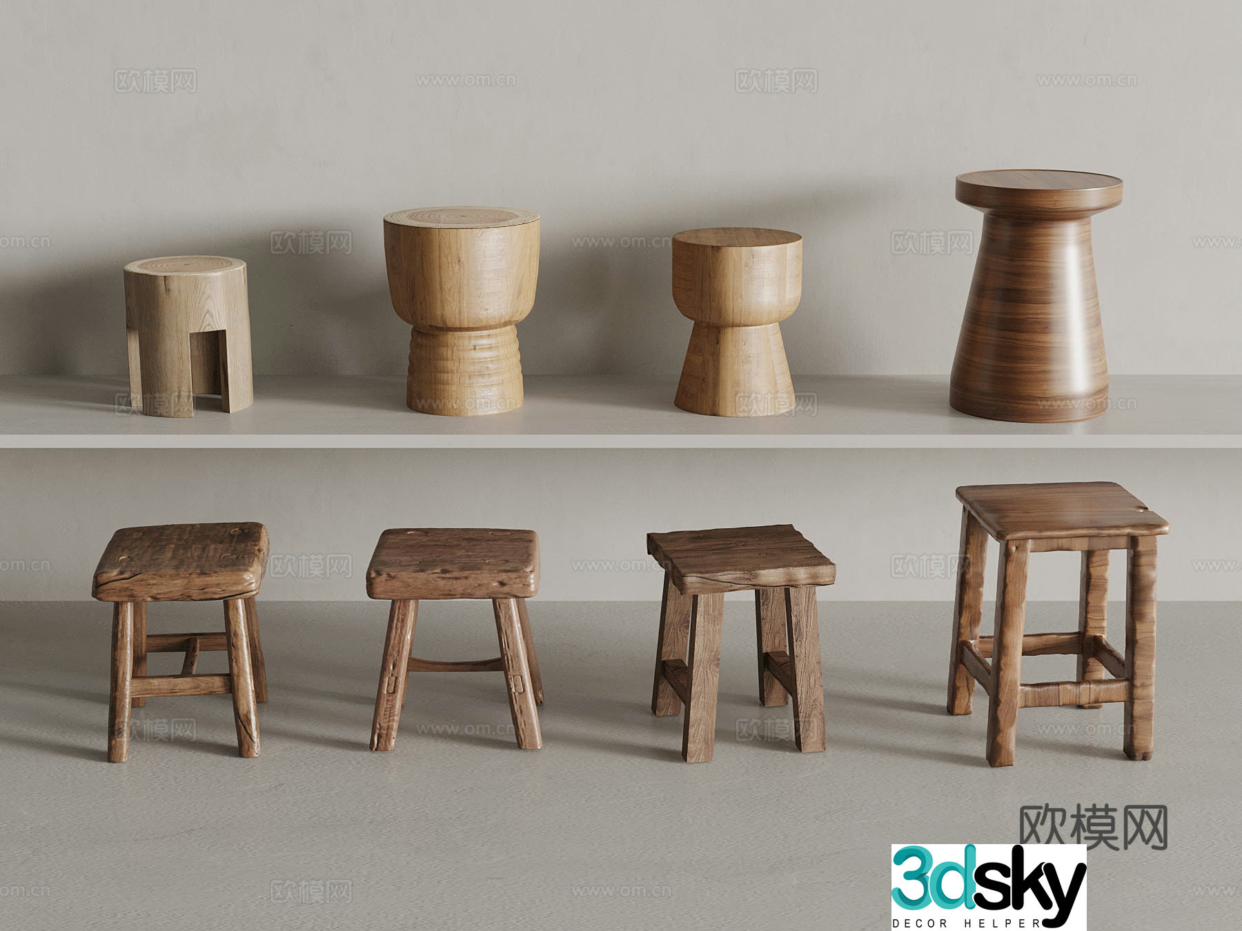Middle-aged round stool square stool shoe change stool 3D model