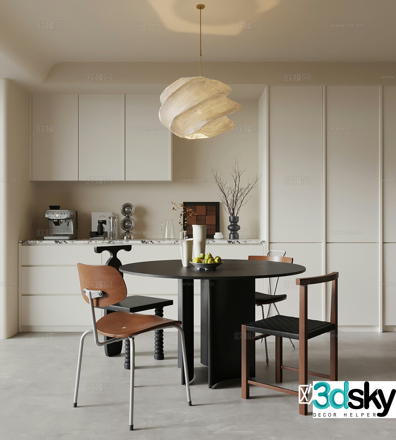Middle style restaurant dining table chair wine cabinet 3d model
