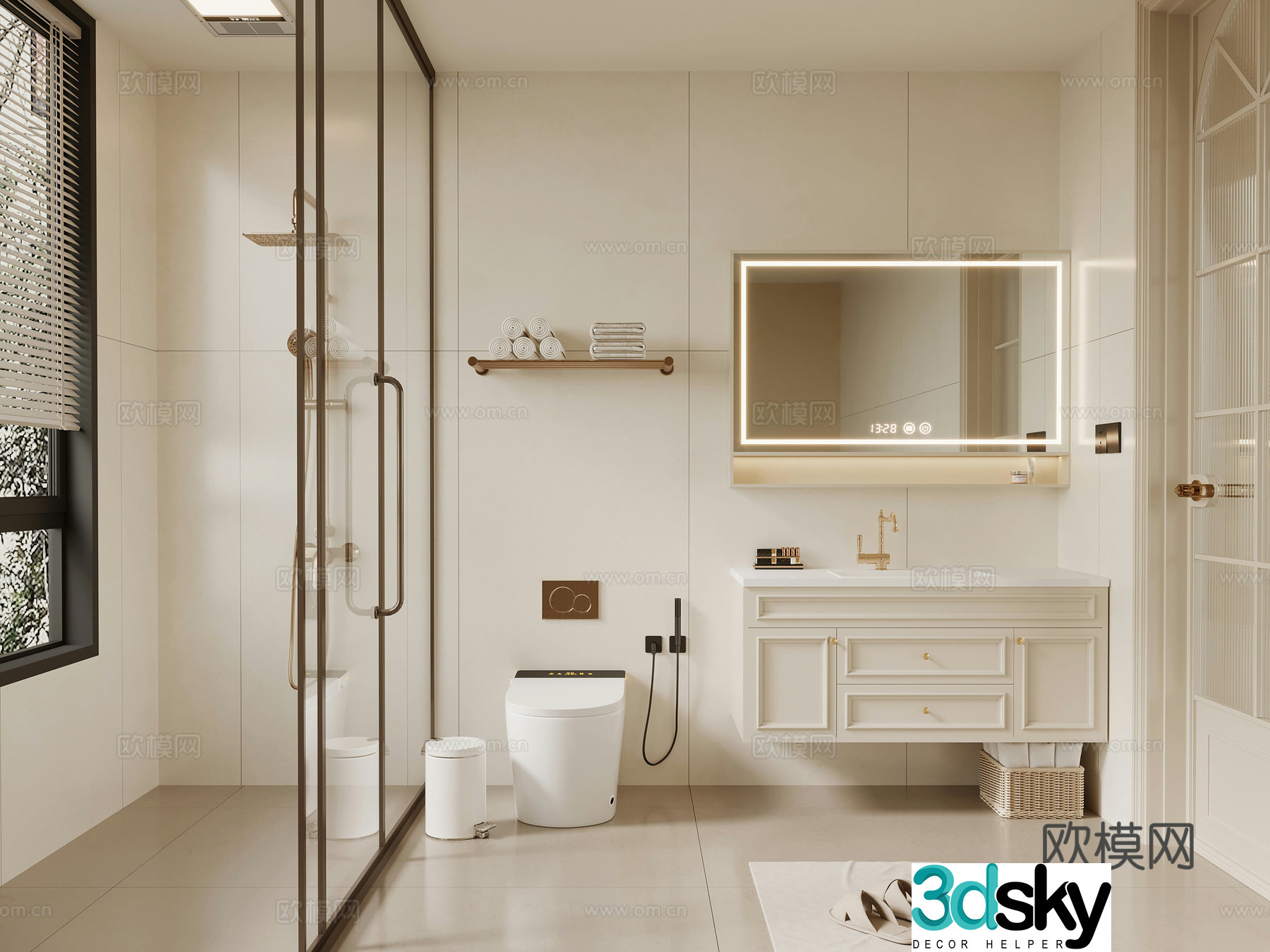 French cream style bathroom bathroom cabinet toilet shower 3d model