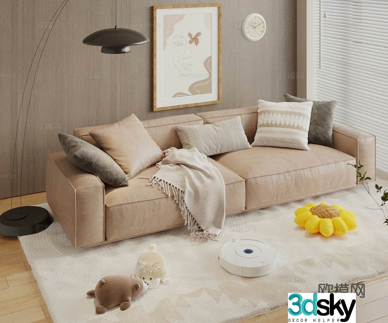 Modern retro double sofa leather sofa casual sofa pillow sweeping robot 3d model