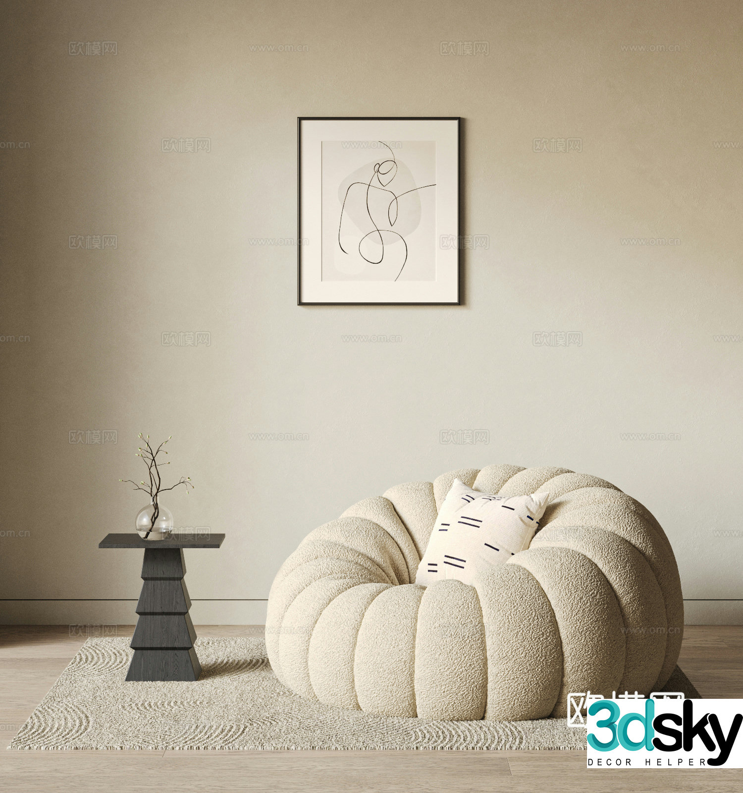 Creamy style lamb velvet lazy sofa 3d model