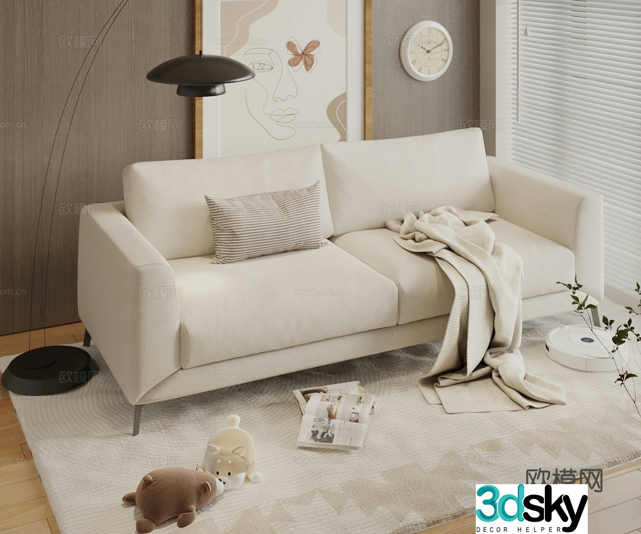 Modern retro double sofa leather sofa casual sofa pillow sweeping robot 3d model