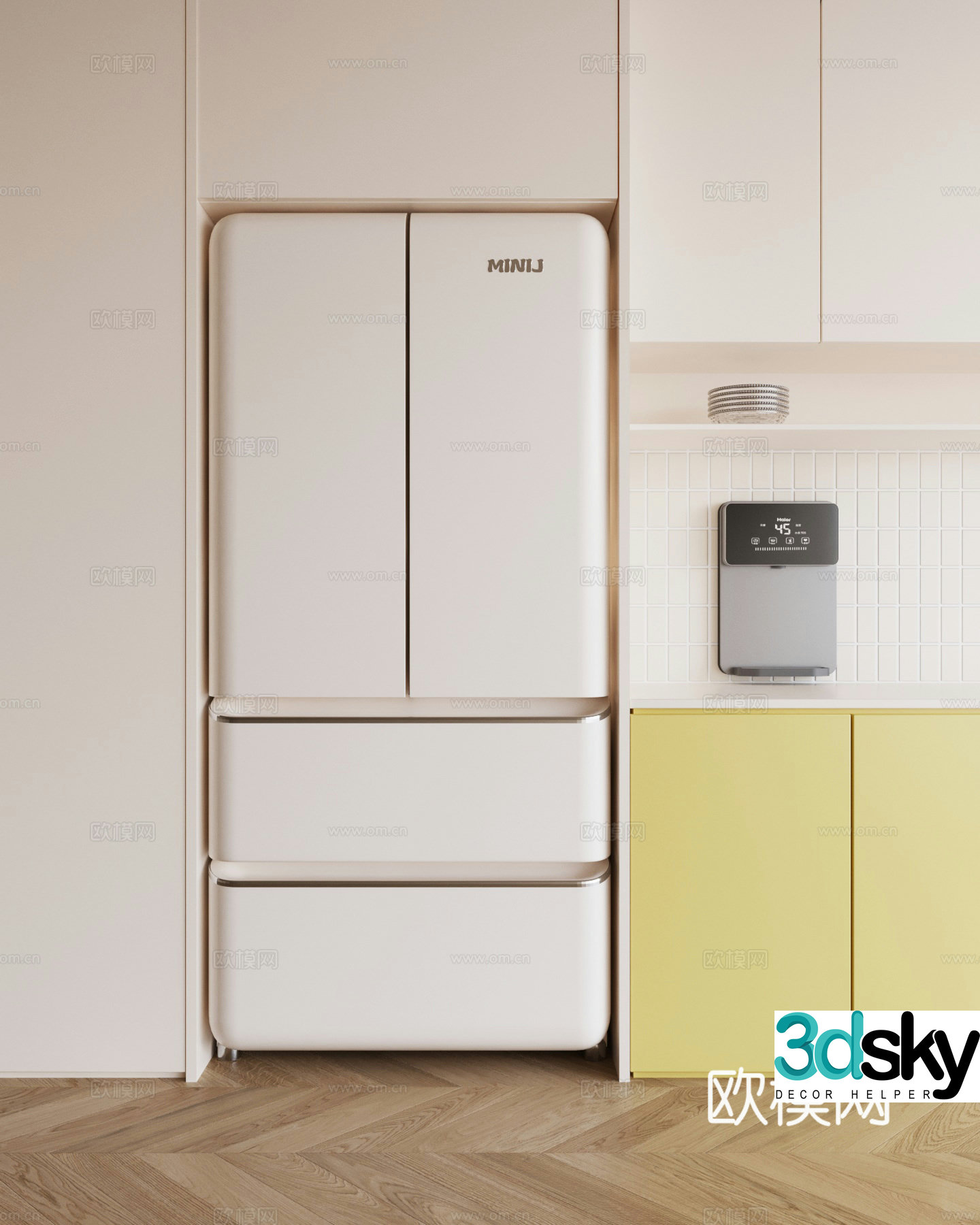 Modern creamy refrigerator four-door refrigerator 3d model