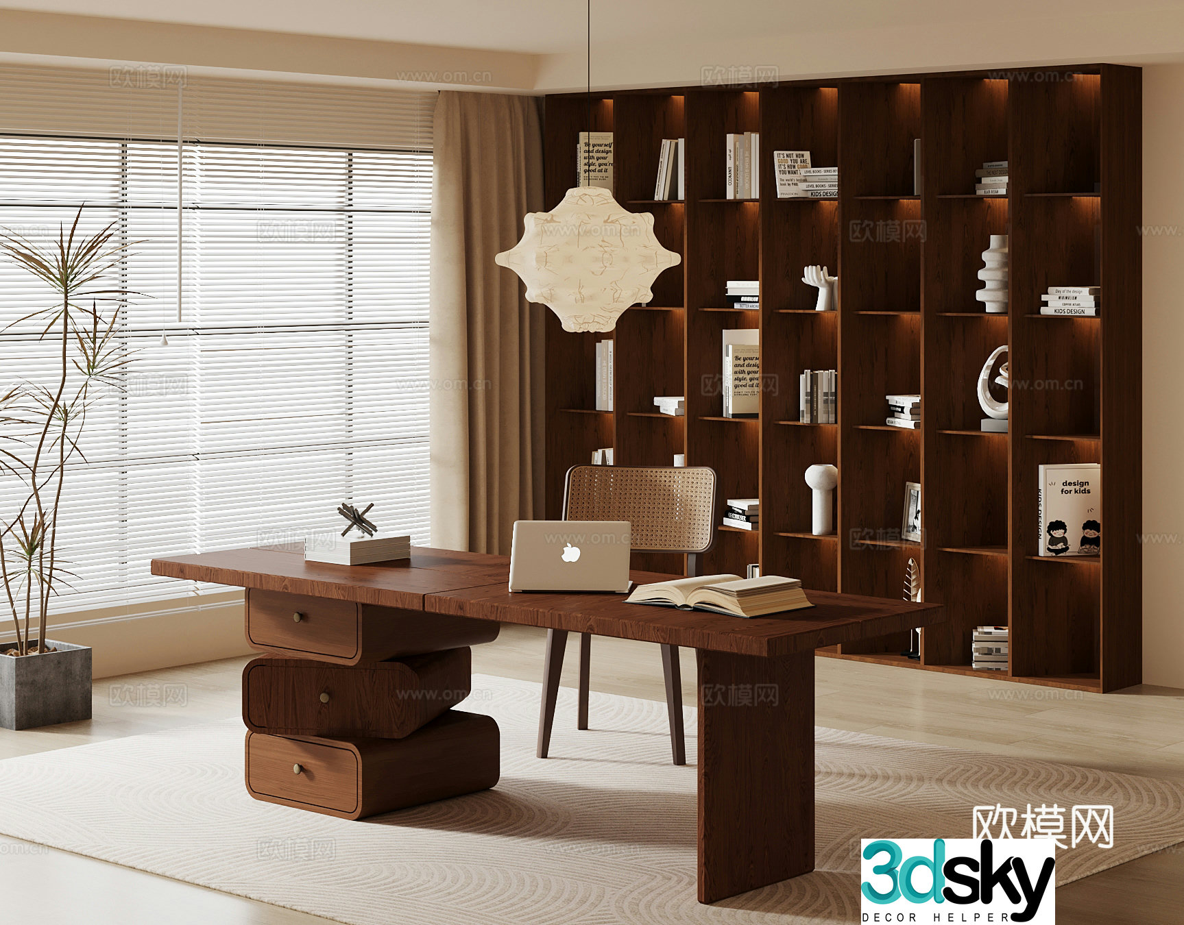 Study room medieval style desk and chair bookcase locker 3d model