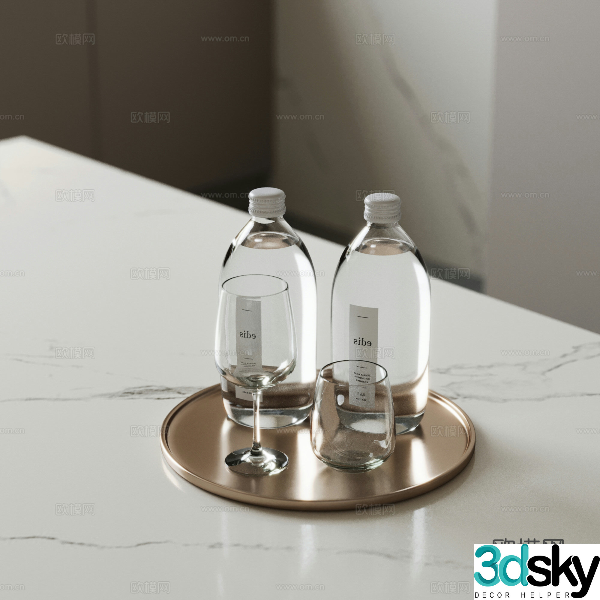 Modern tray water cup glass wine glass 3d model