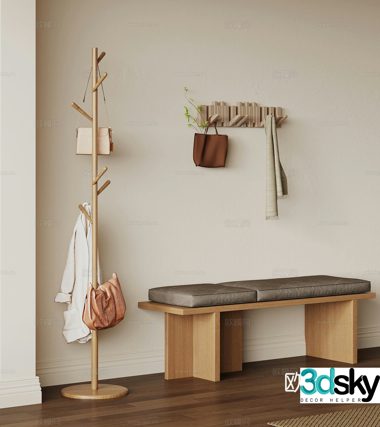 Modern clothes hook shoe changing stool 3D model