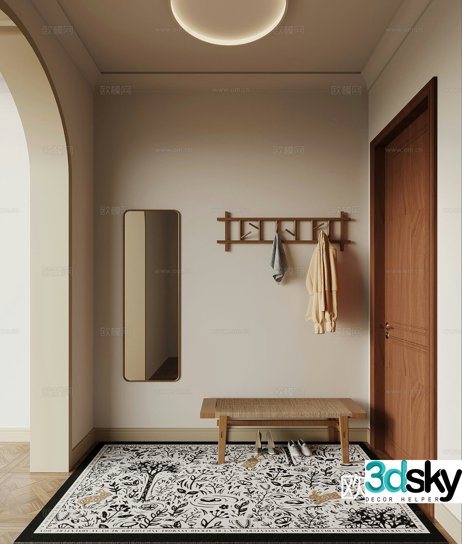 Middle-aged style entrance door shoe changing stool clothes hanging hanger full-body mirror 3D model