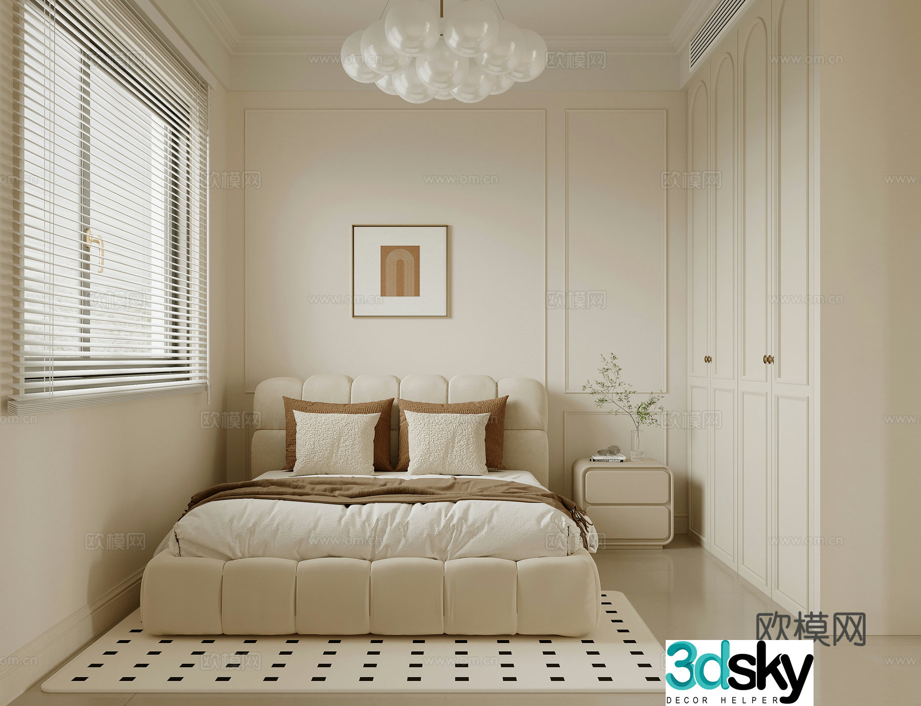 Home bedroom French creamy bedroom Double bed nightstand wardrobe 3d model