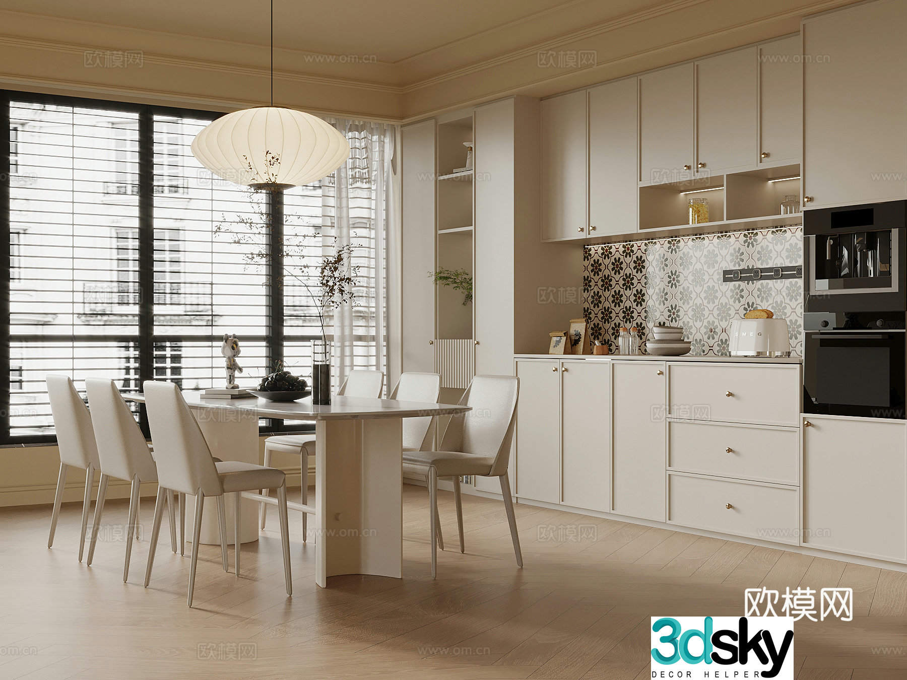 French cream style restaurant dining table and chair 3d model
