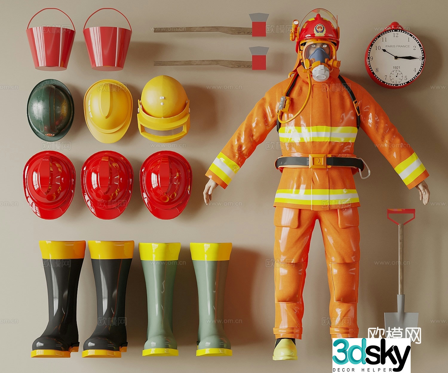 Fire safety helmet Fire protective clothing Fire bucket Fire supplies 3D model