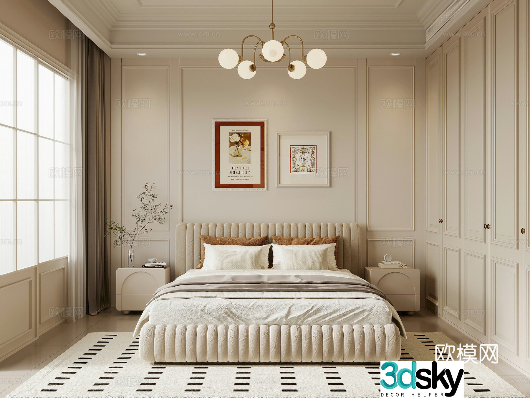 French creamy bedroom double bed nightstand wardrobe 3d model